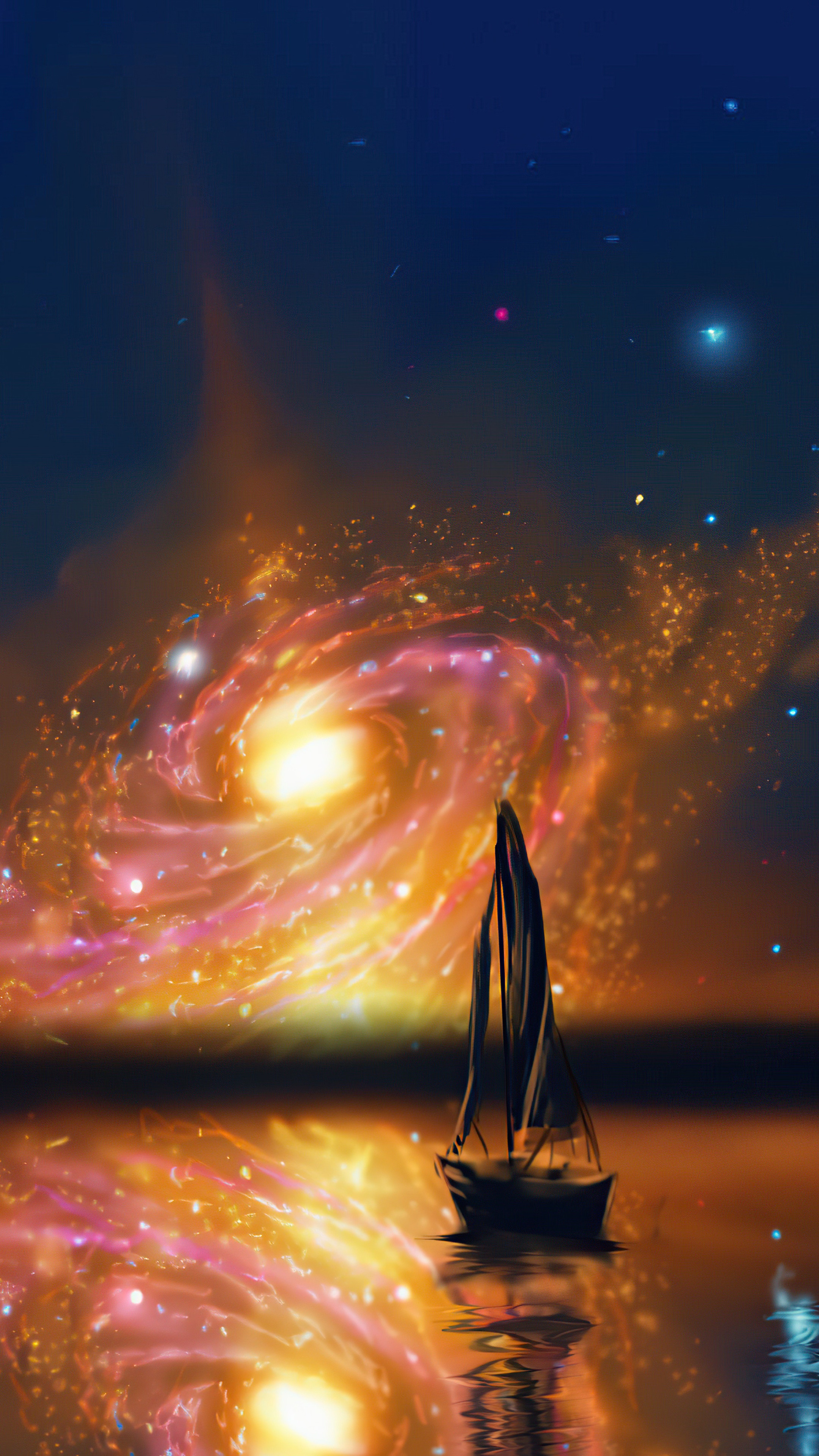 Sailboat on a reflective surface with a galaxy in the background HD Phone Wallpaper