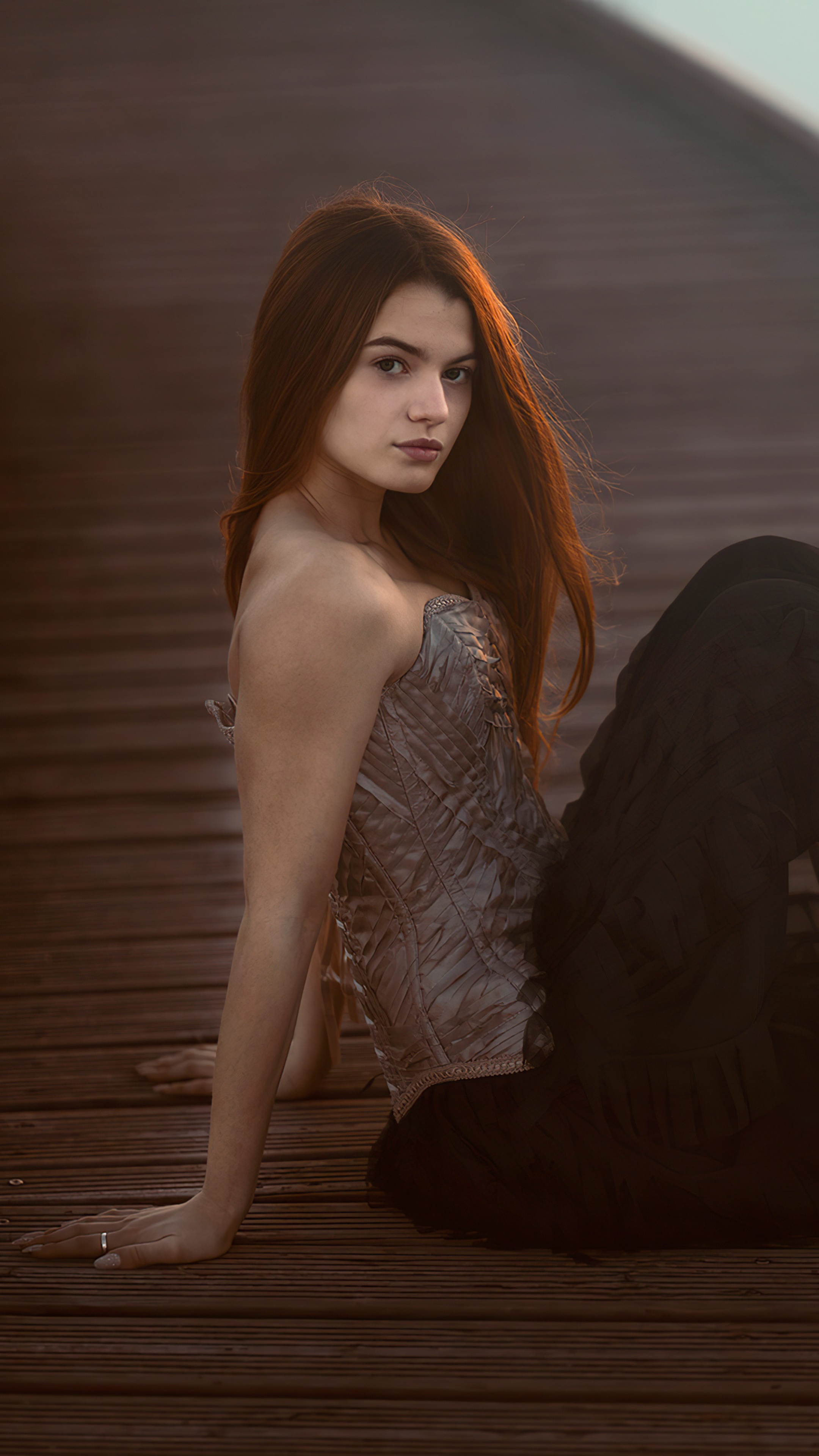 Girl in corset on wooden pier HD Phone Wallpaper