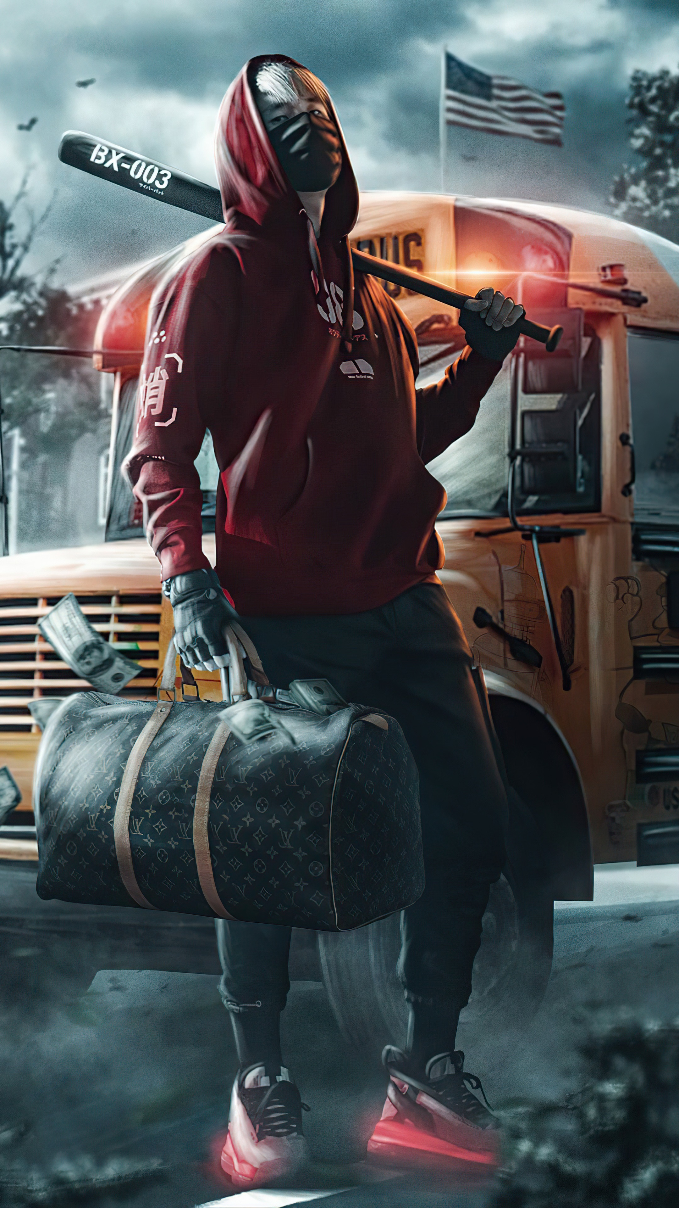 Man in hoodie with baseball bat and duffel bag HD Phone Wallpaper