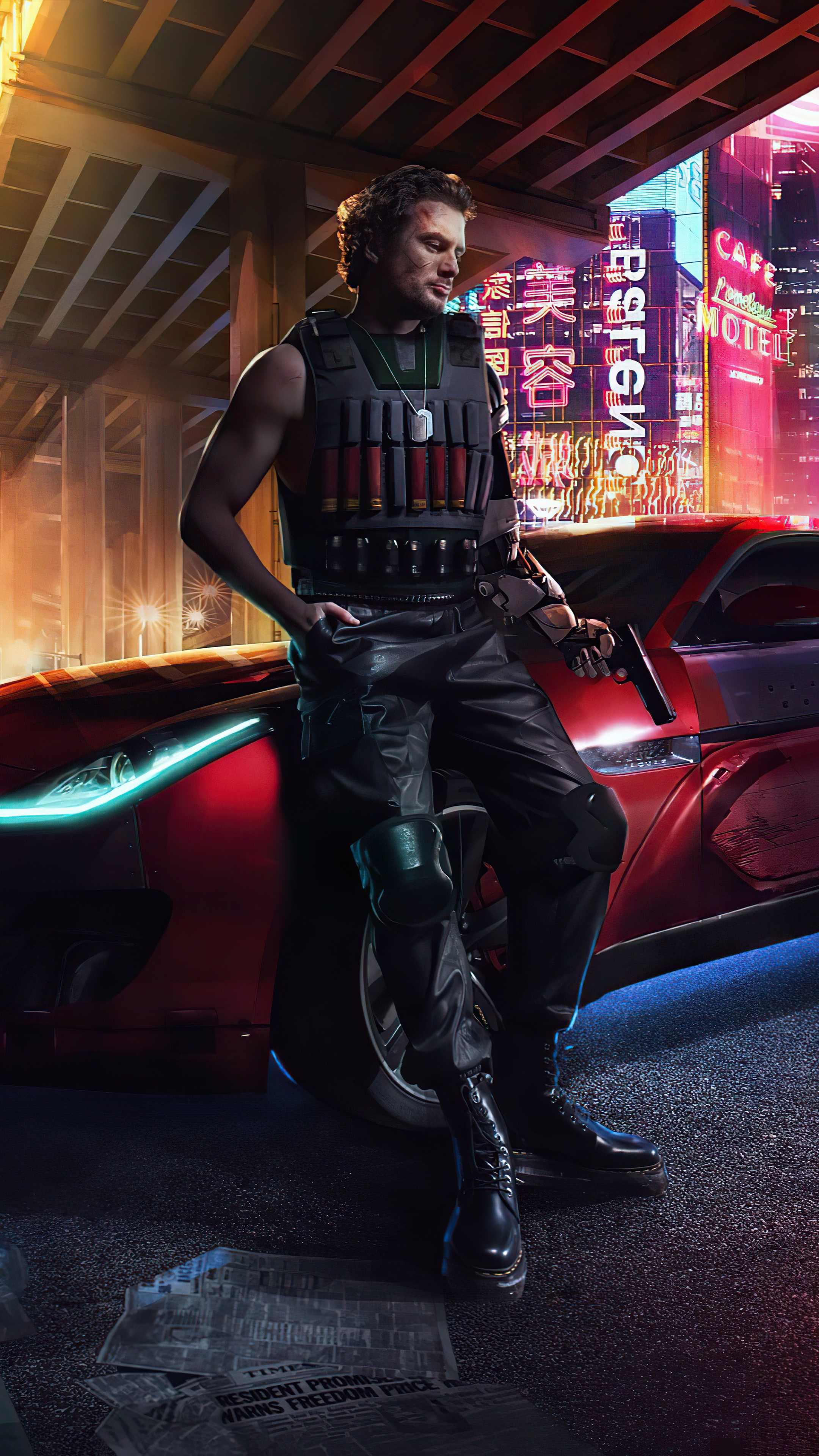 Man with shotgun vest and gun by red car in cyberpunk city HD Phone Wallpaper