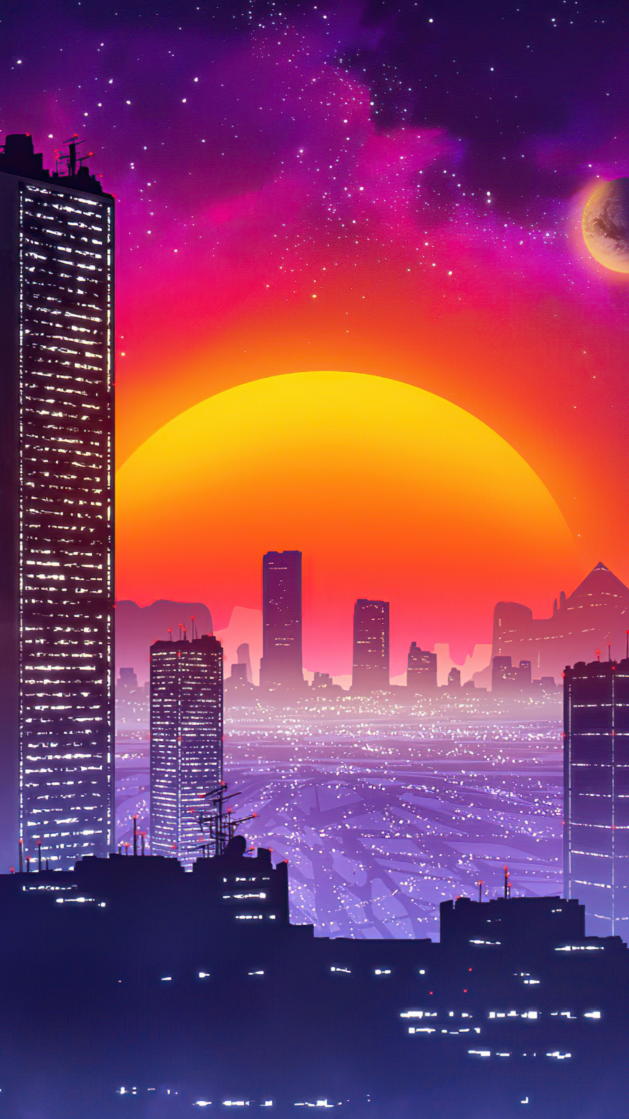 Retrowave city skyline at sunset with a large sun and planet HD Phone Wallpaper