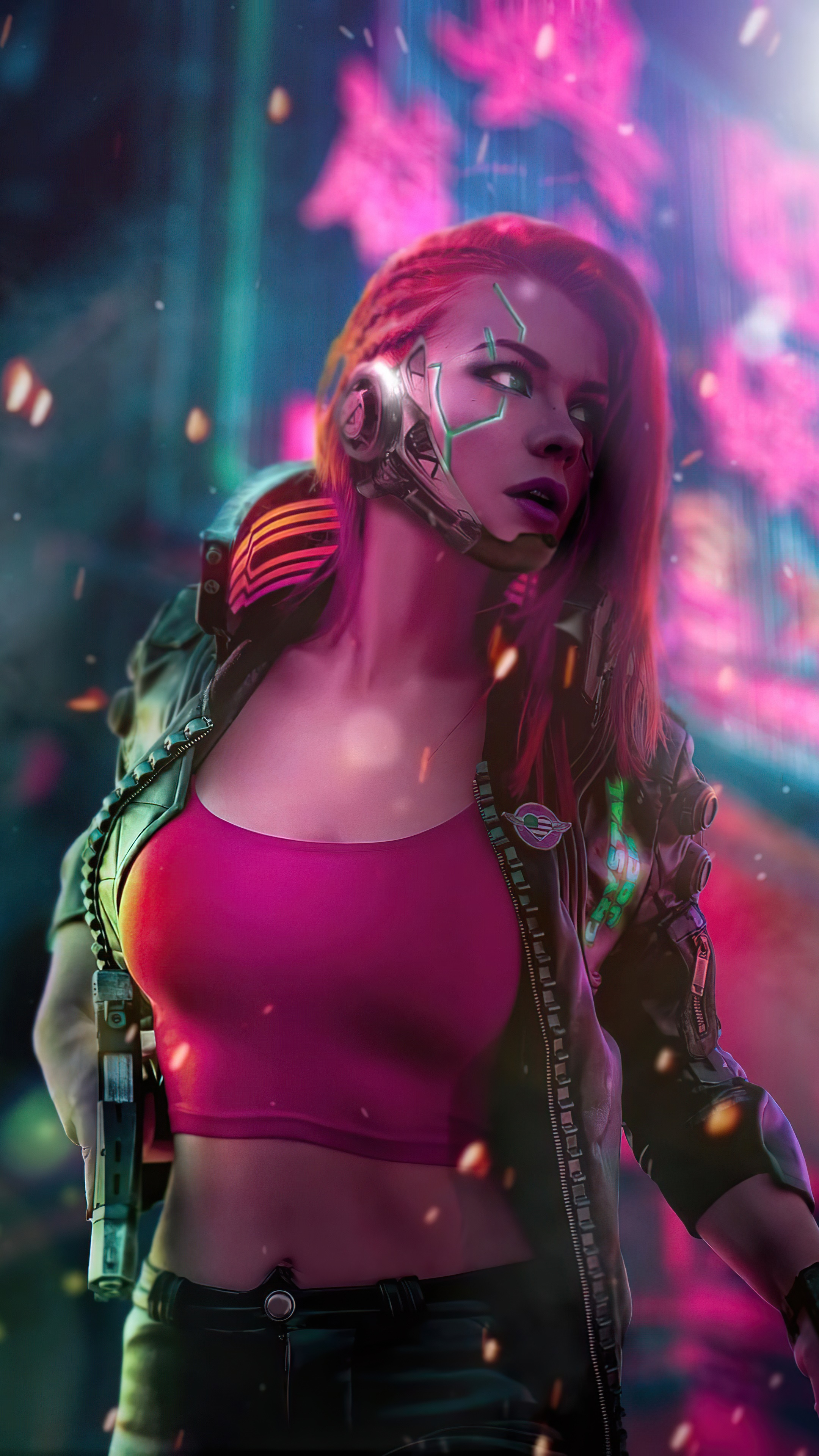Cyberpunk woman with cybernetic implants and gun HD Phone Wallpaper