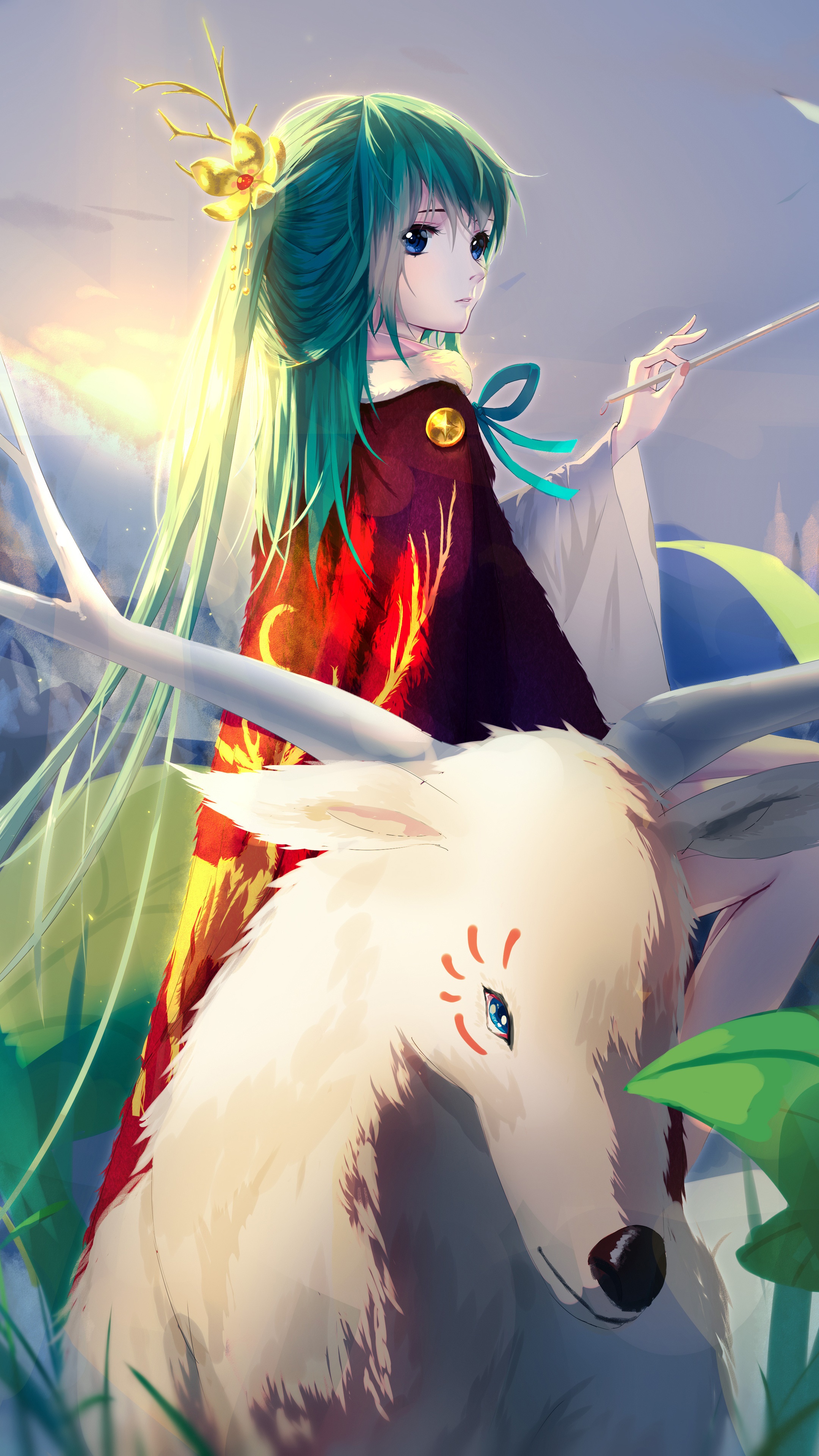Anime girl with green hair riding a white creature HD Phone Wallpaper