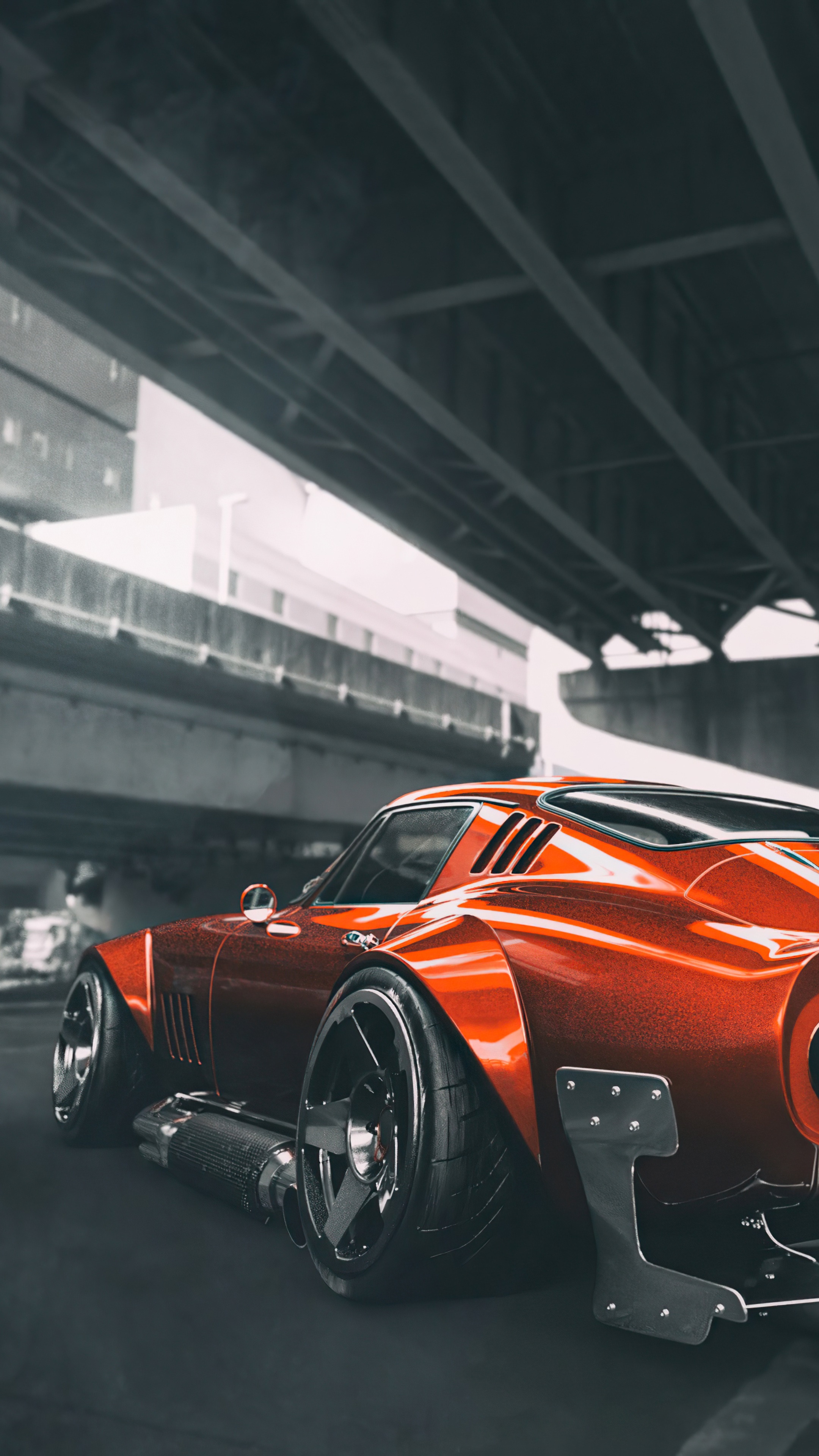 Red custom sports car parked under a bridge HD Phone Wallpaper