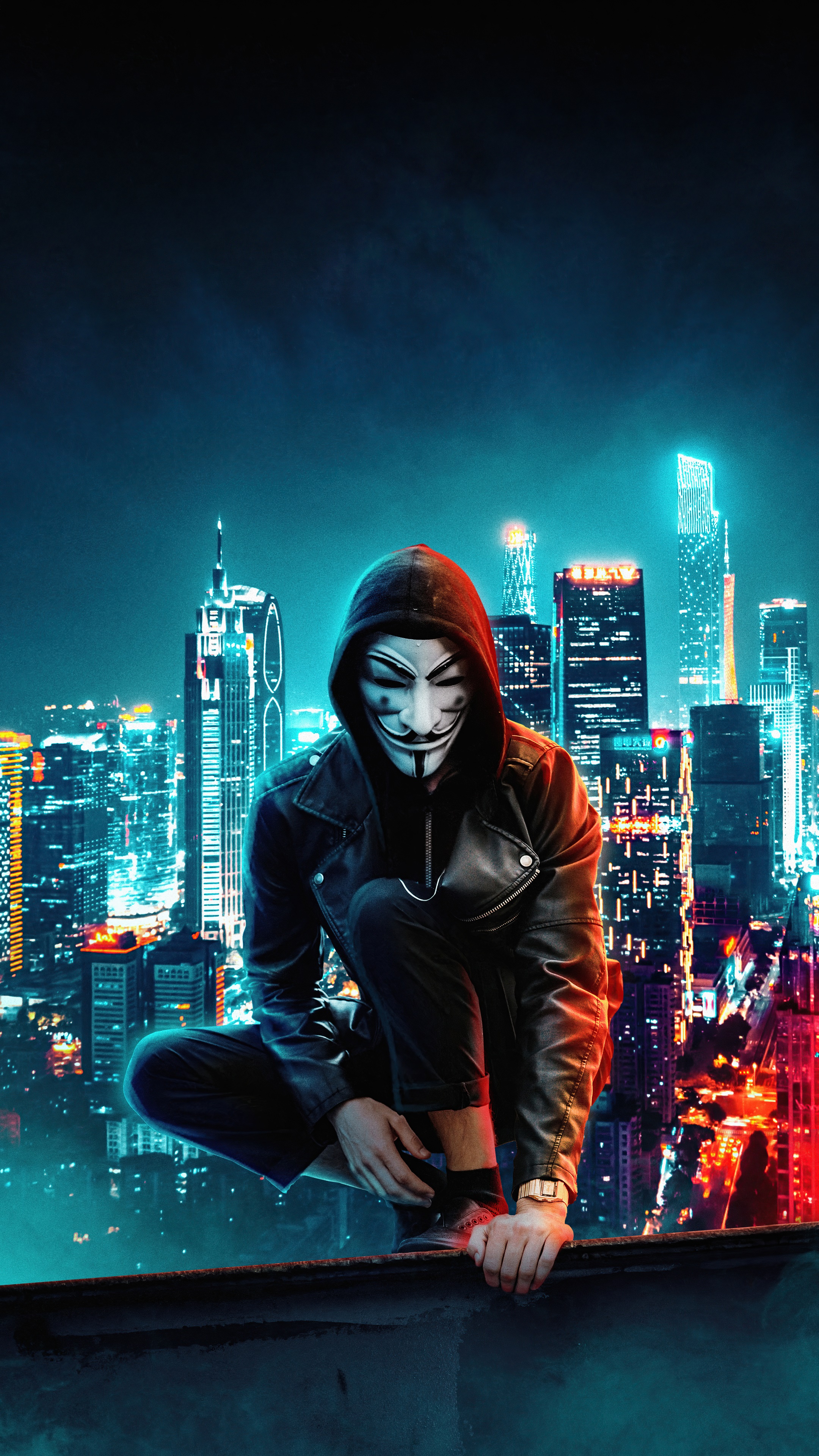 Anonymous Figure in Neon Cityscape HD Phone Wallpaper