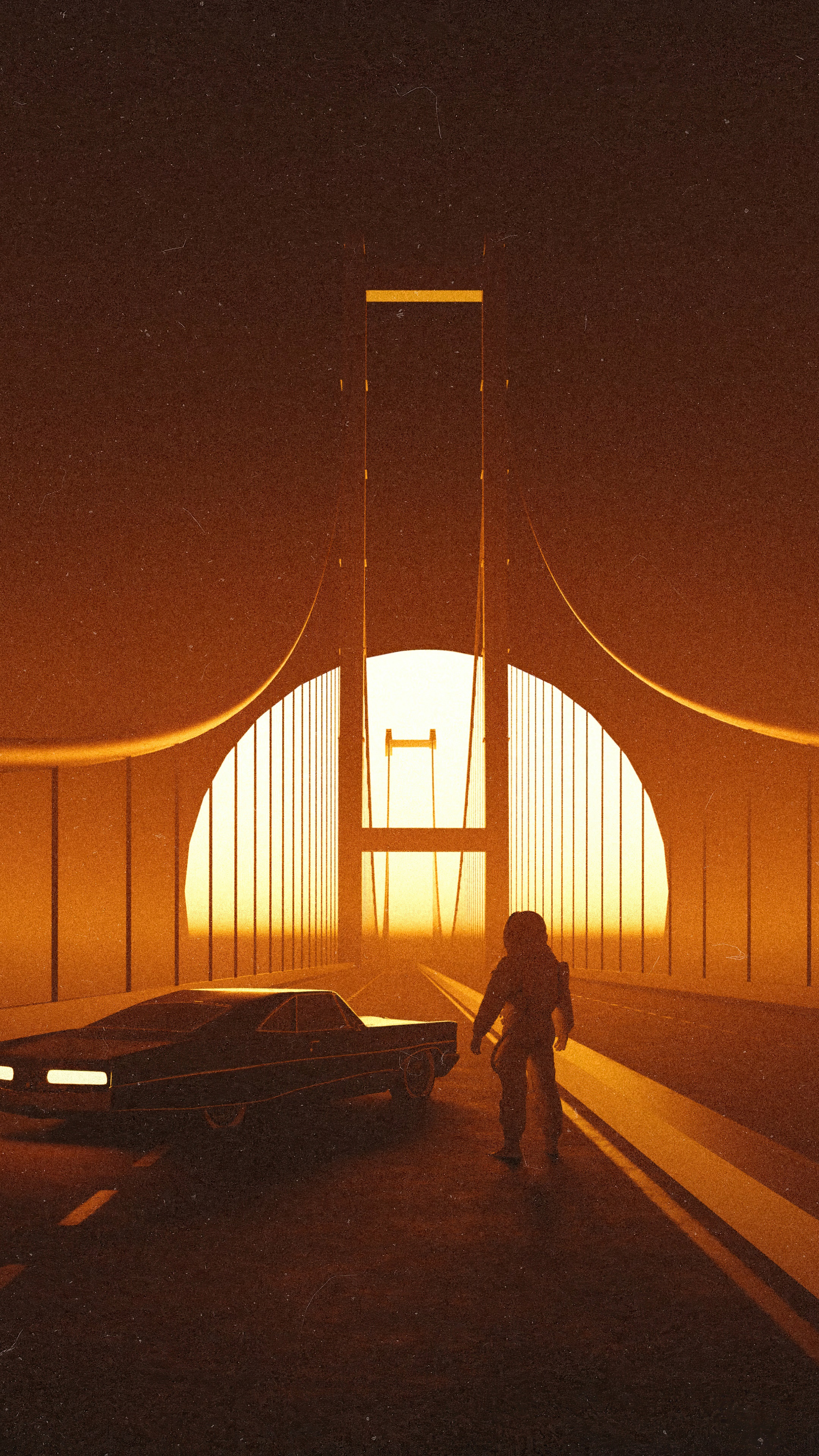 Astronaut walking on a bridge with a car HD Phone Wallpaper