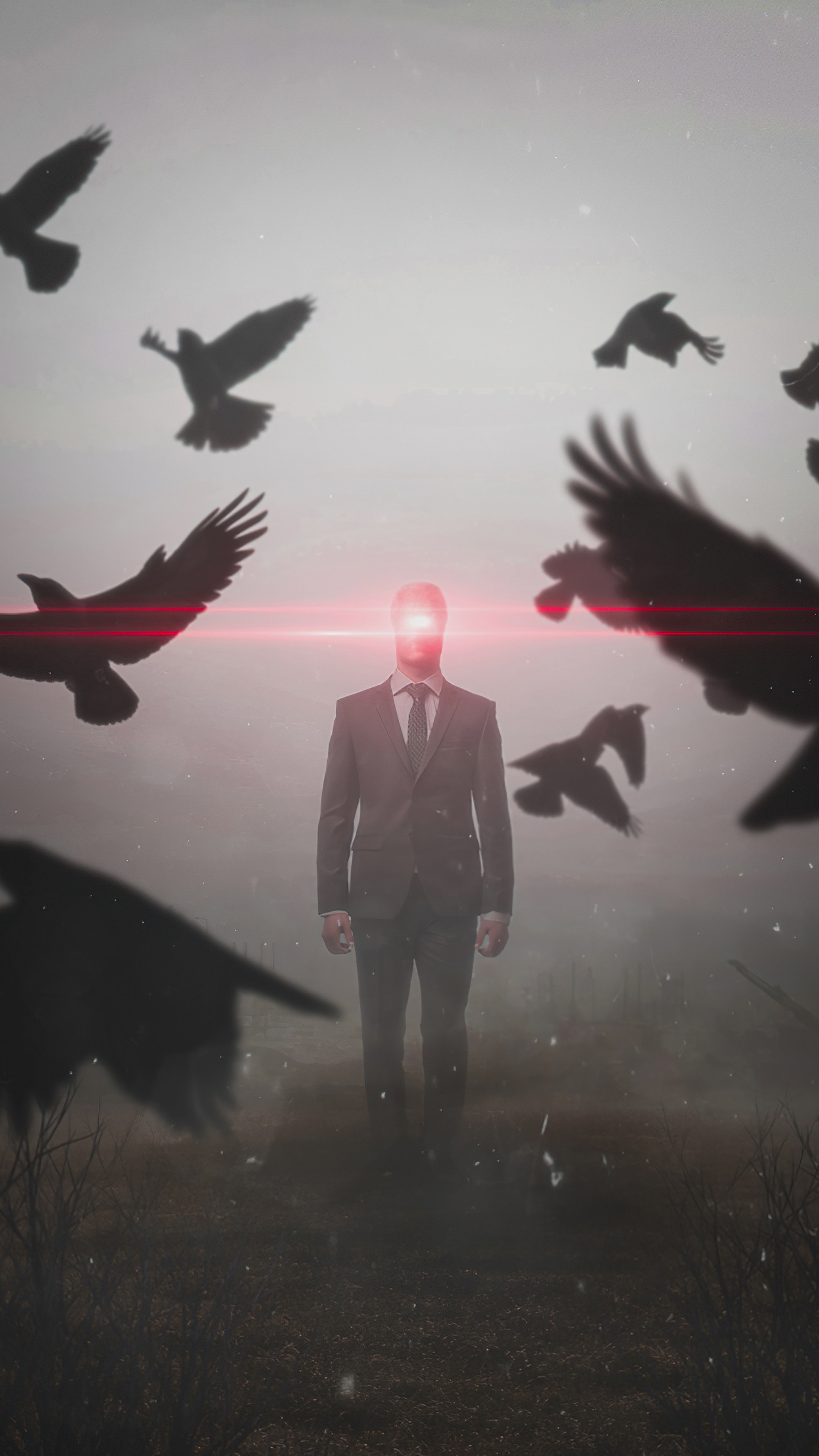Man with glowing eyes surrounded by birds HD Phone Wallpaper