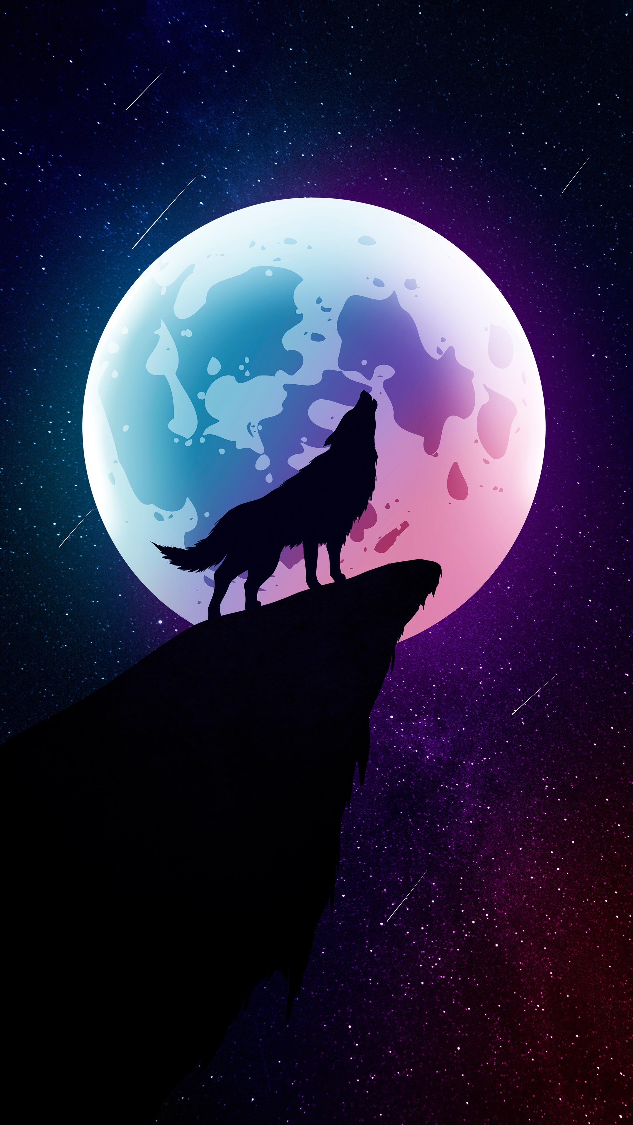 Minimalist wolf howling at a colorful moon in space HD Phone Wallpaper