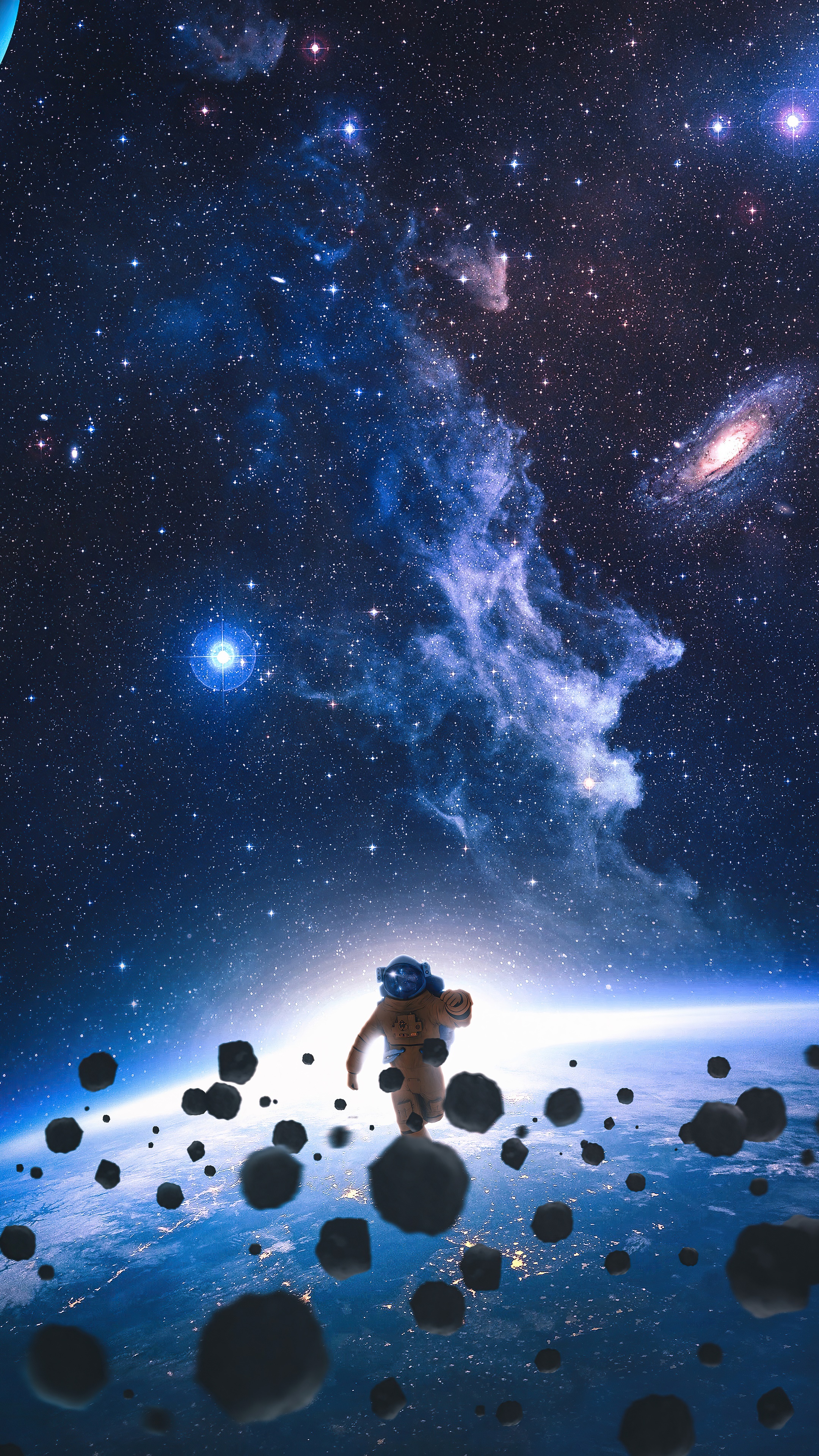 Astronaut floating in space with Earth and asteroids HD Phone Wallpaper