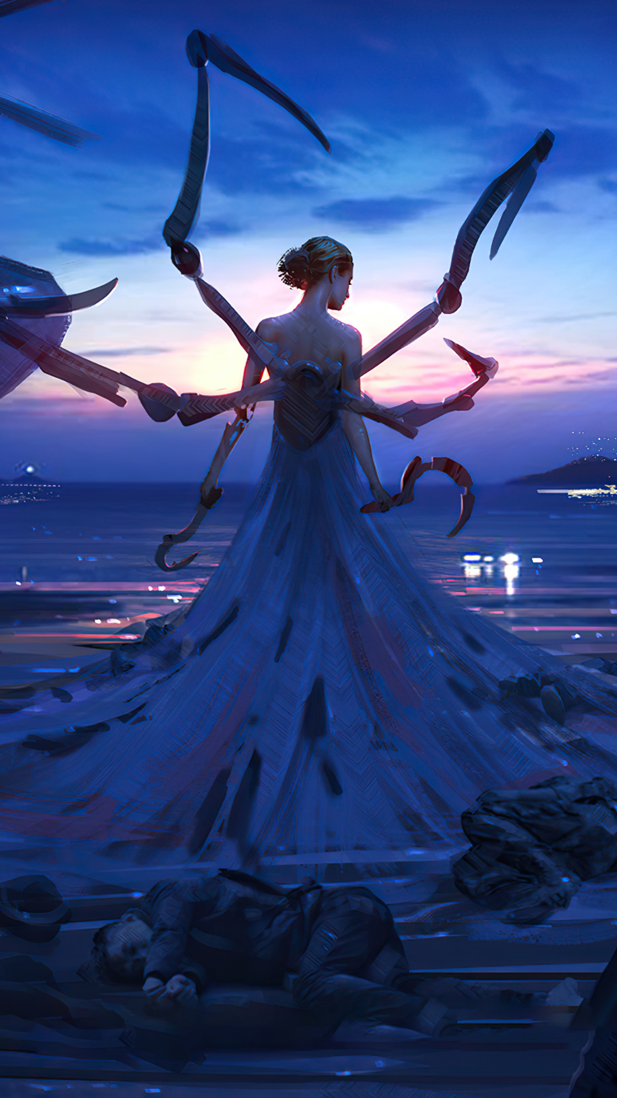 Woman with mechanical arms by the sea at sunset HD Phone Wallpaper