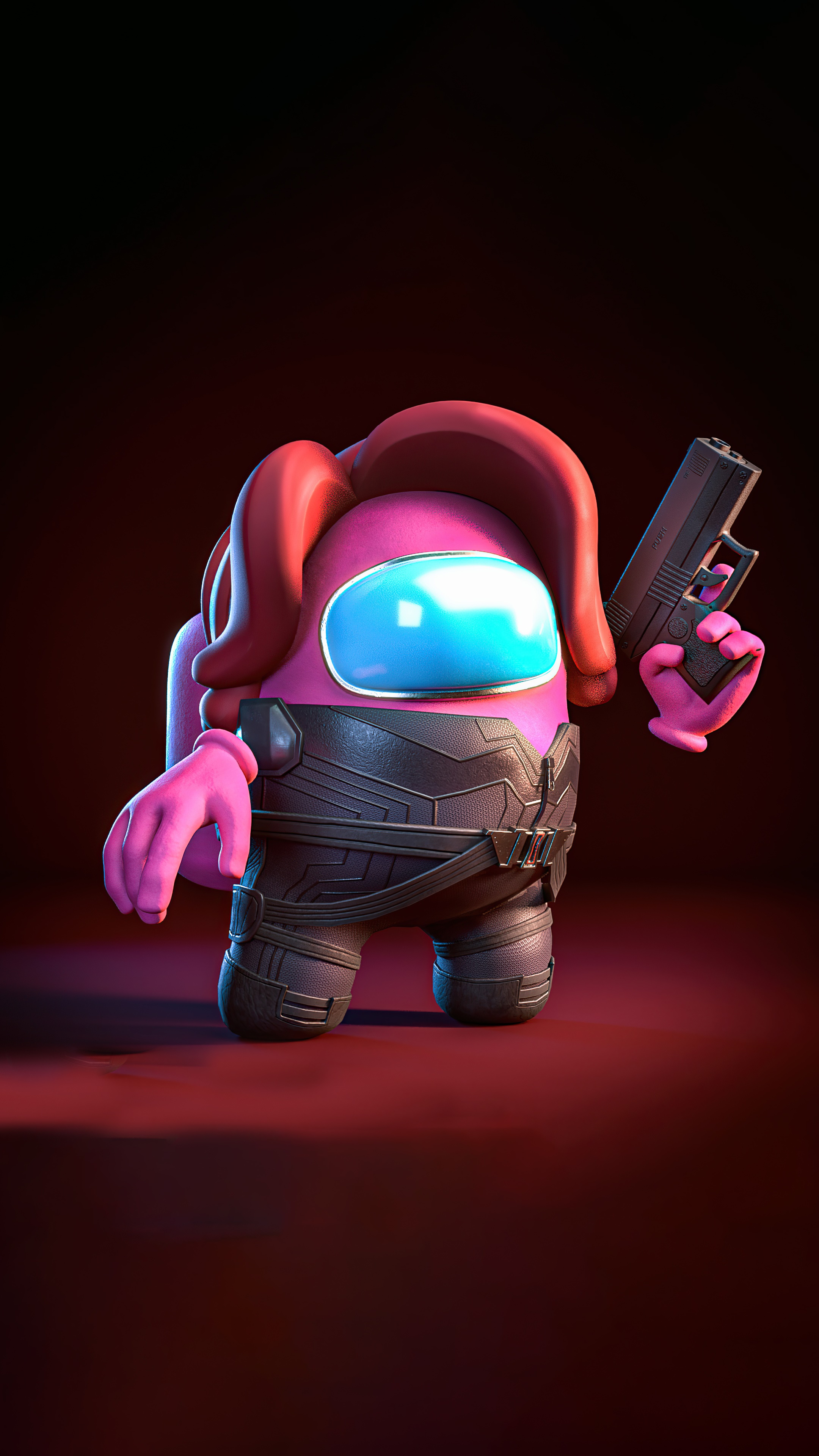 Pink Among Us character as Black Widow with gun HD Phone Wallpaper