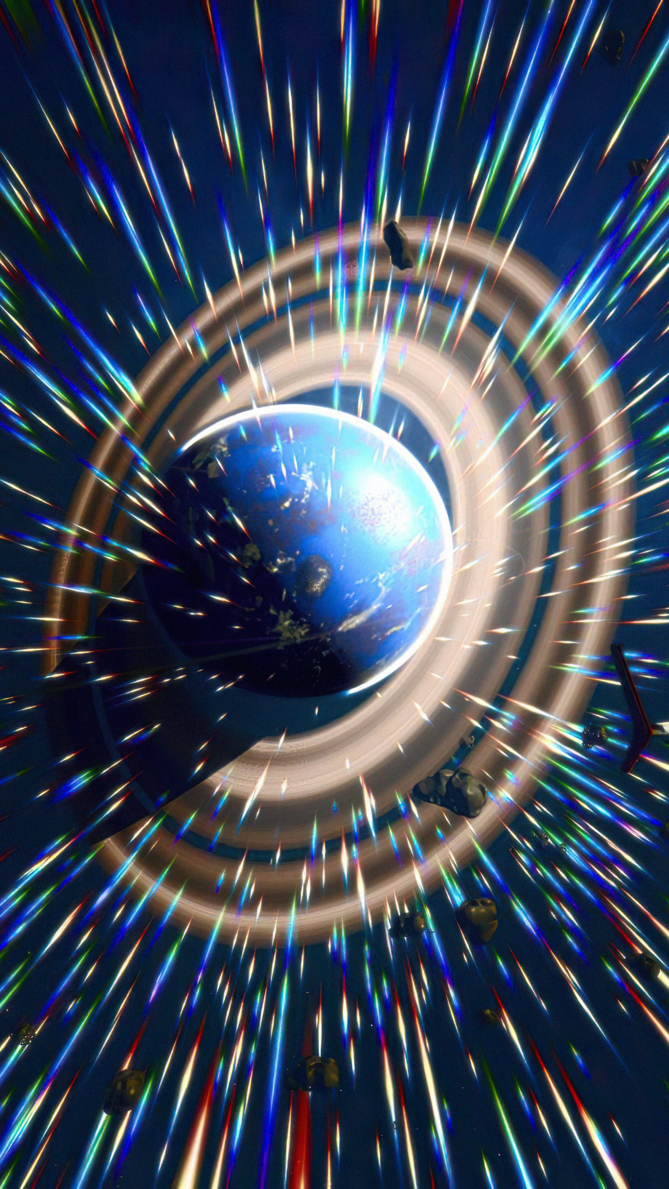 Planet with rings and light streaks in space HD Phone Wallpaper