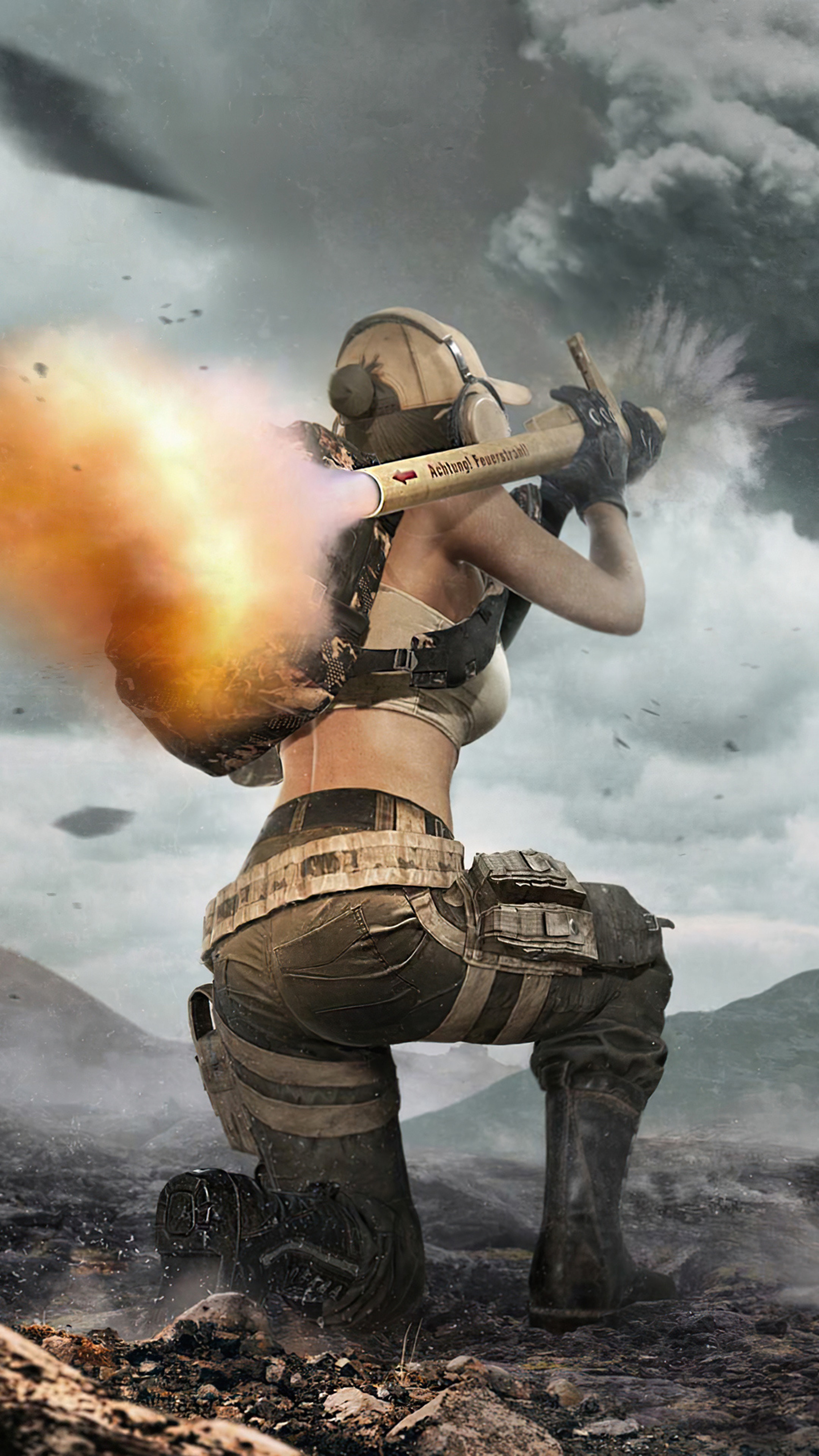 Player firing a rocket launcher in a desolate landscape HD Phone Wallpaper