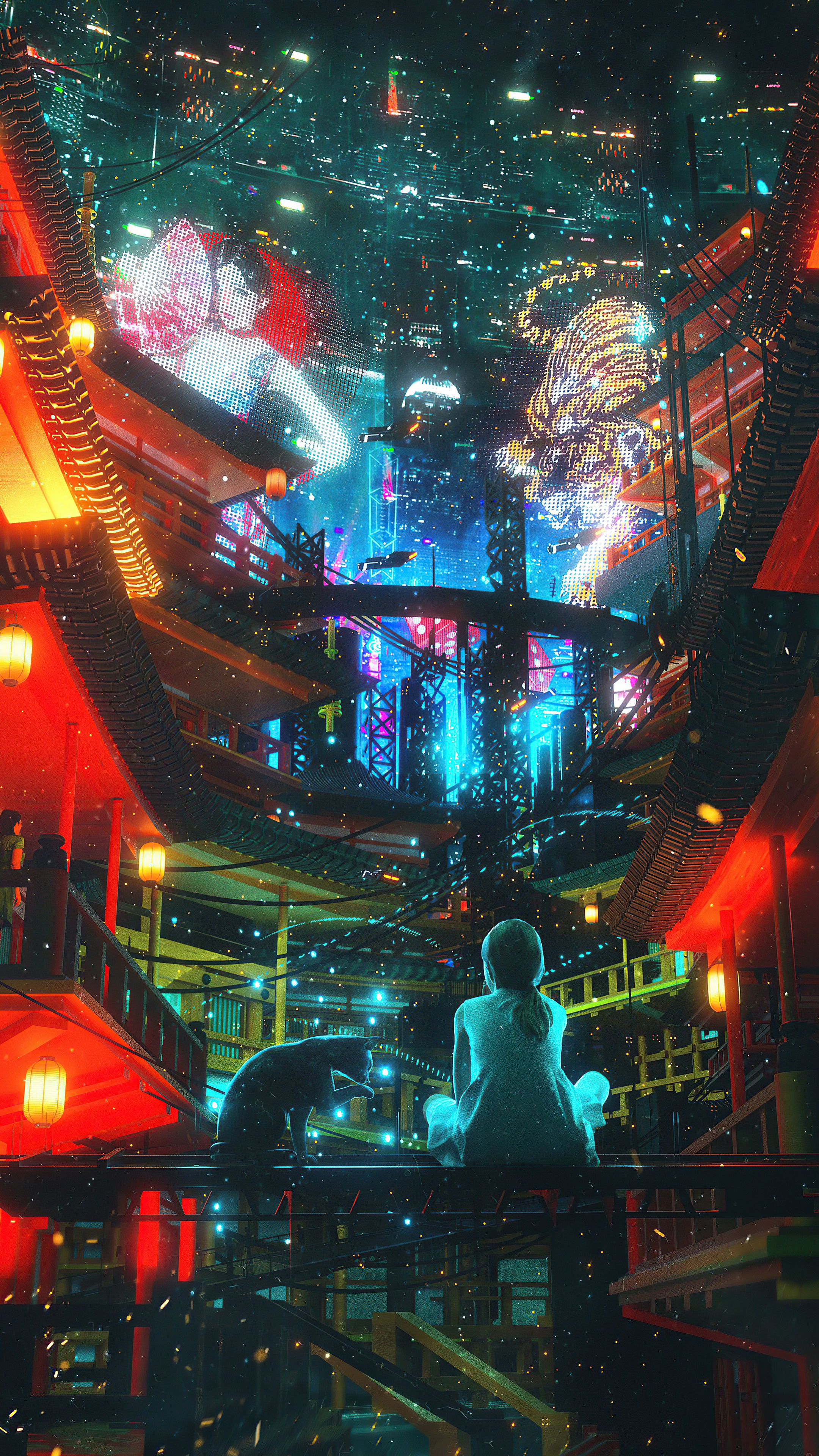 Girl and cat in a futuristic cyberpunk city 4K HD Phone Wallpaper