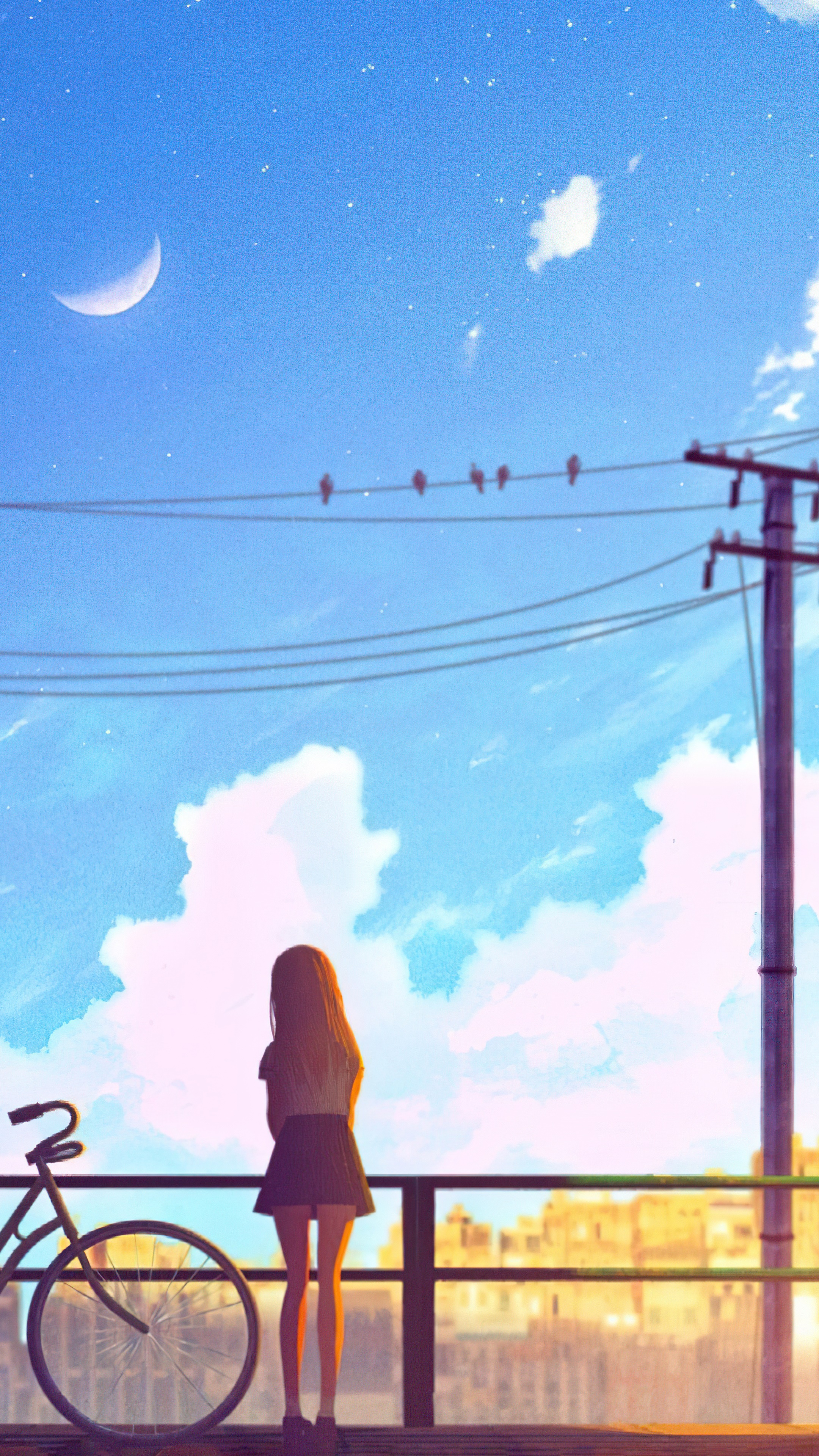 Girl with bicycle looking at the sky HD Phone Wallpaper