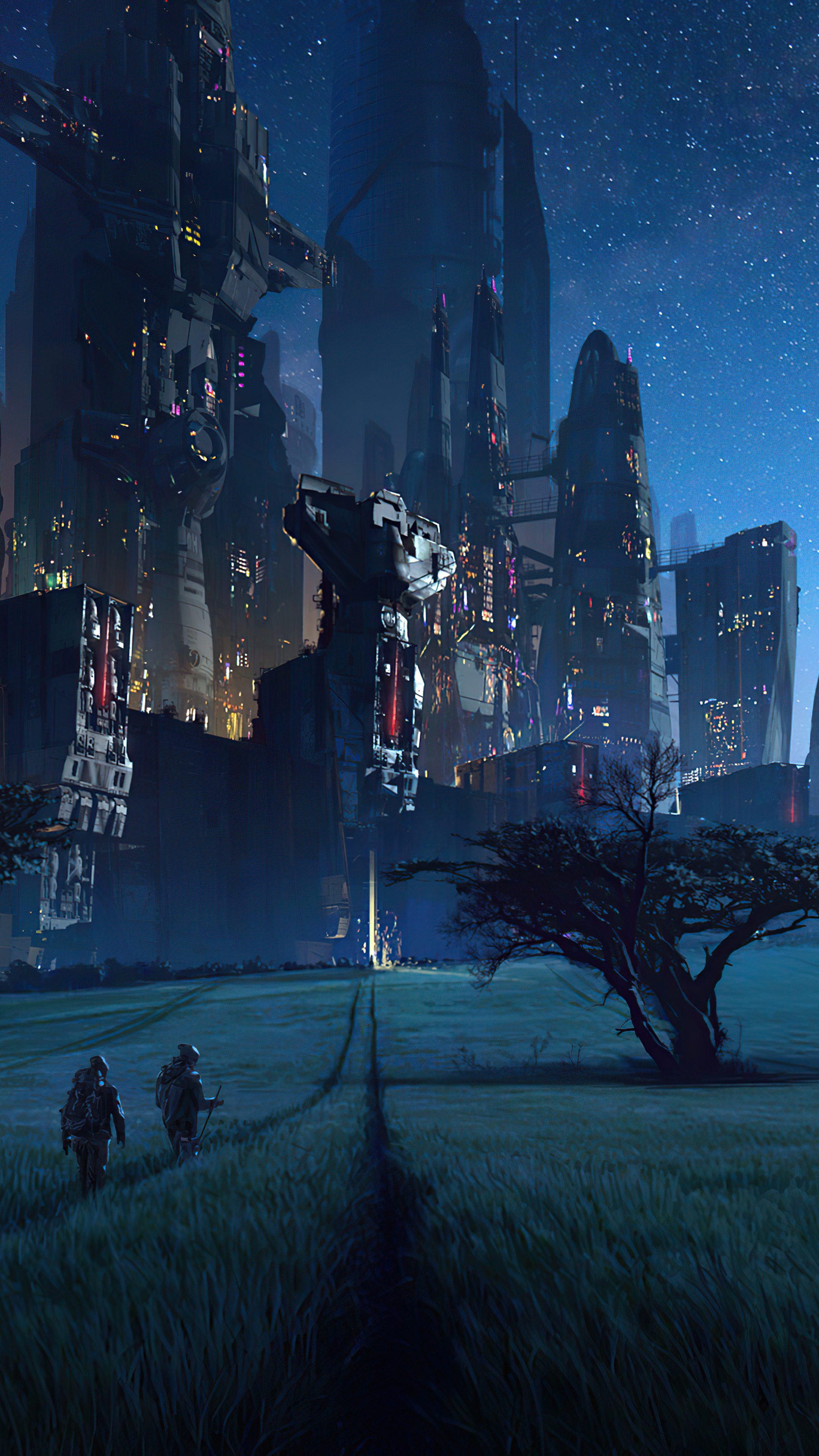 Sci-fi city with two figures walking in a field HD Phone Wallpaper