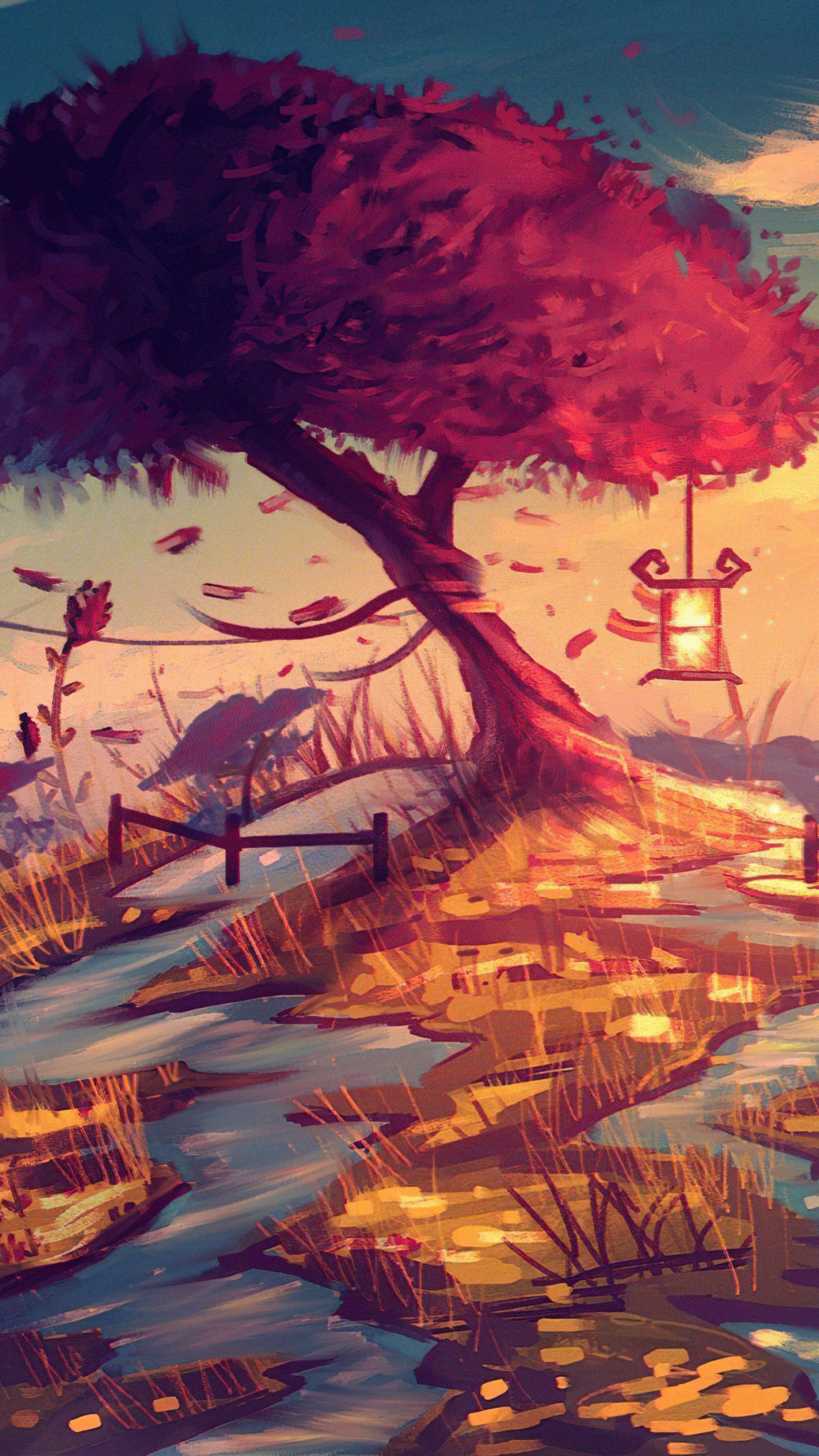 Digital art of a tree with a lantern HD Phone Wallpaper