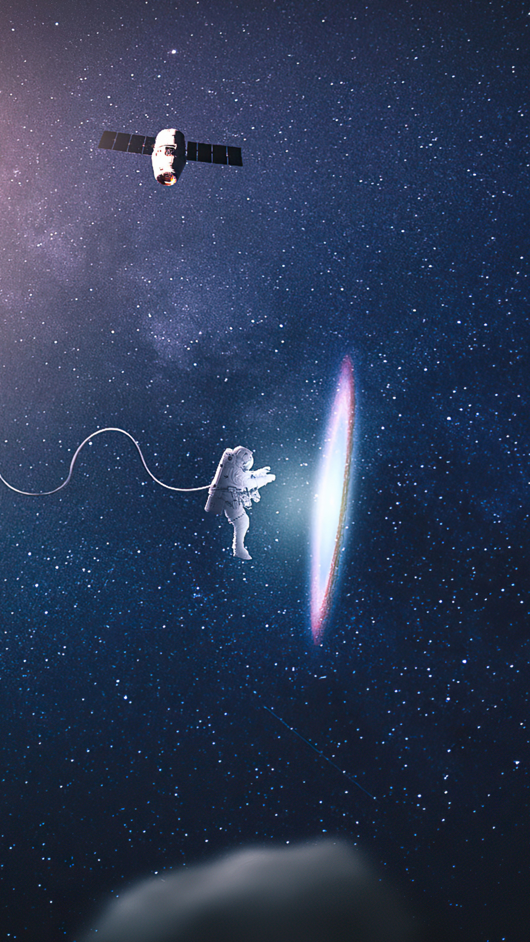 Astronaut and satellite in space near a portal HD Phone Wallpaper