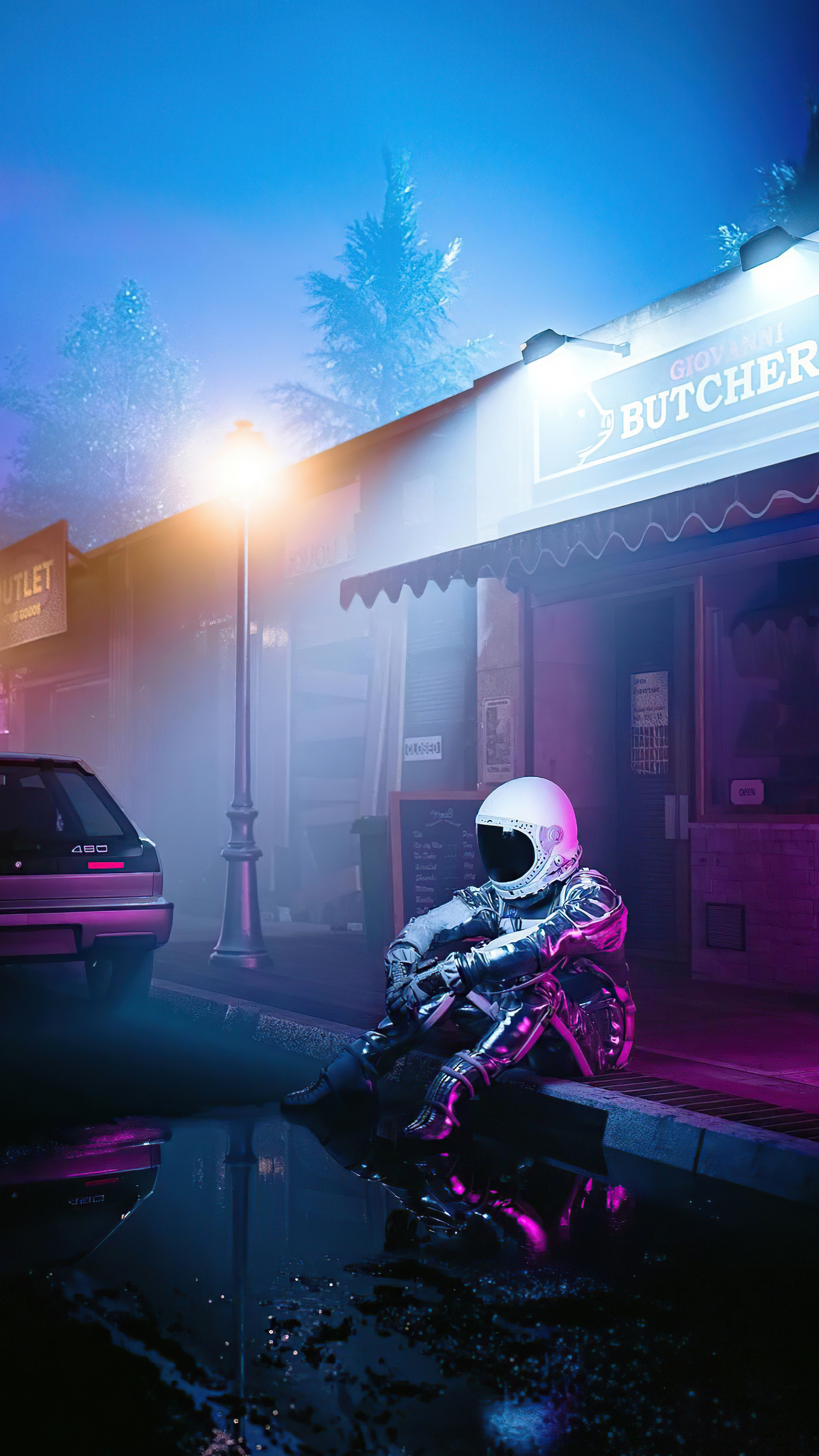 Astronaut sitting by a butcher shop at night HD Phone Wallpaper