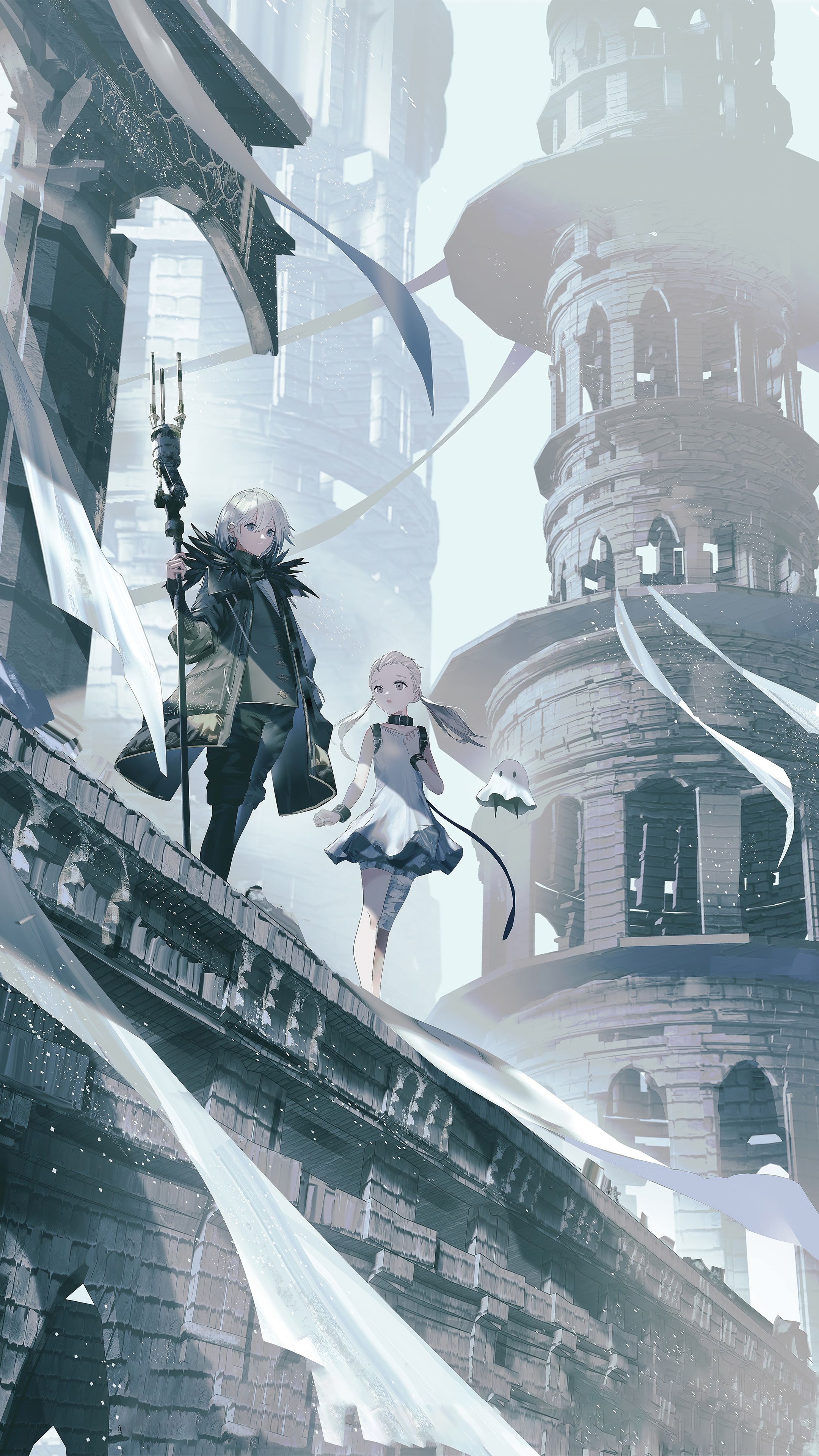 Characters in a fantasy world with ruins HD Phone Wallpaper