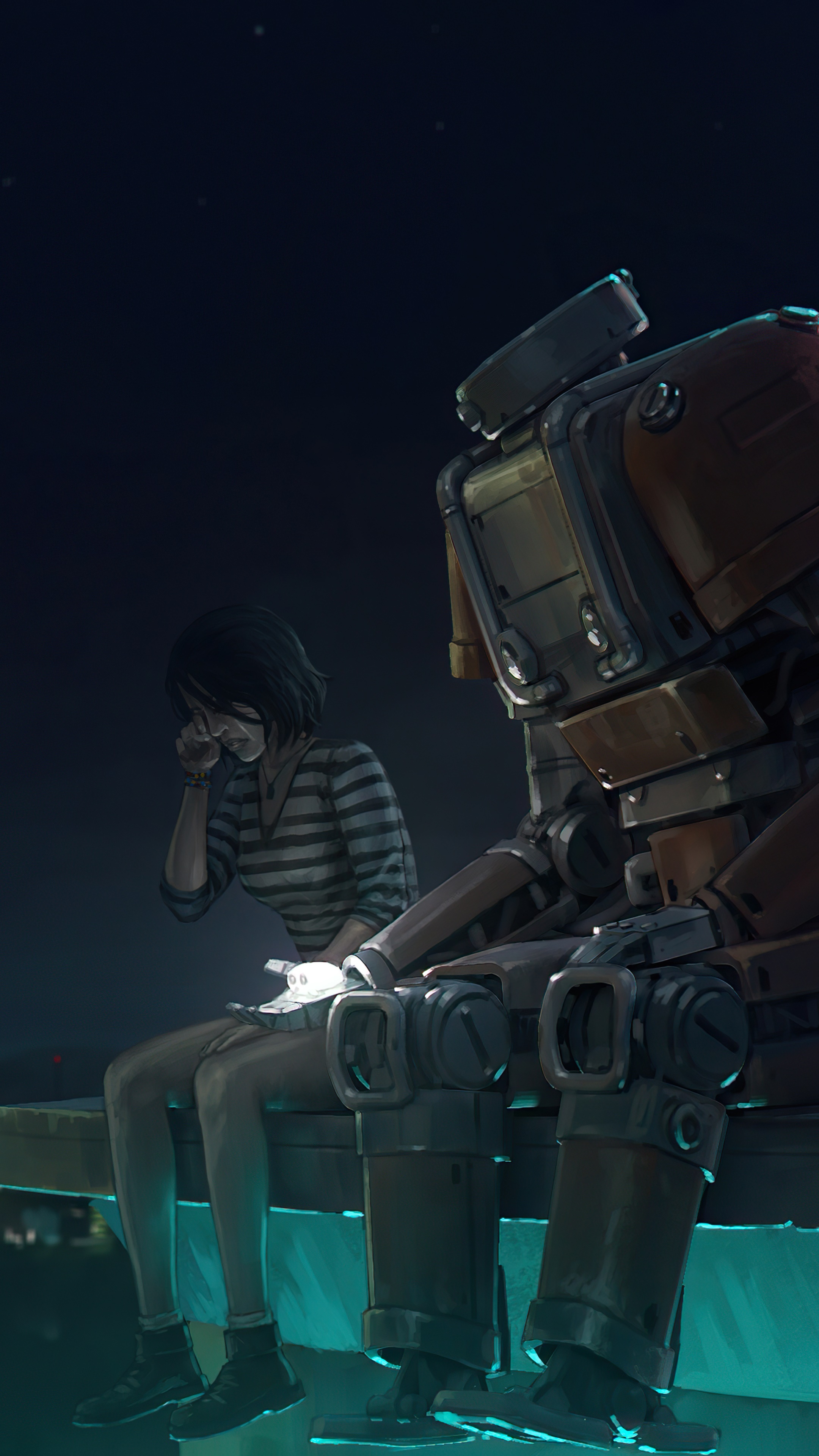 Girl crying next to a robot HD Phone Wallpaper