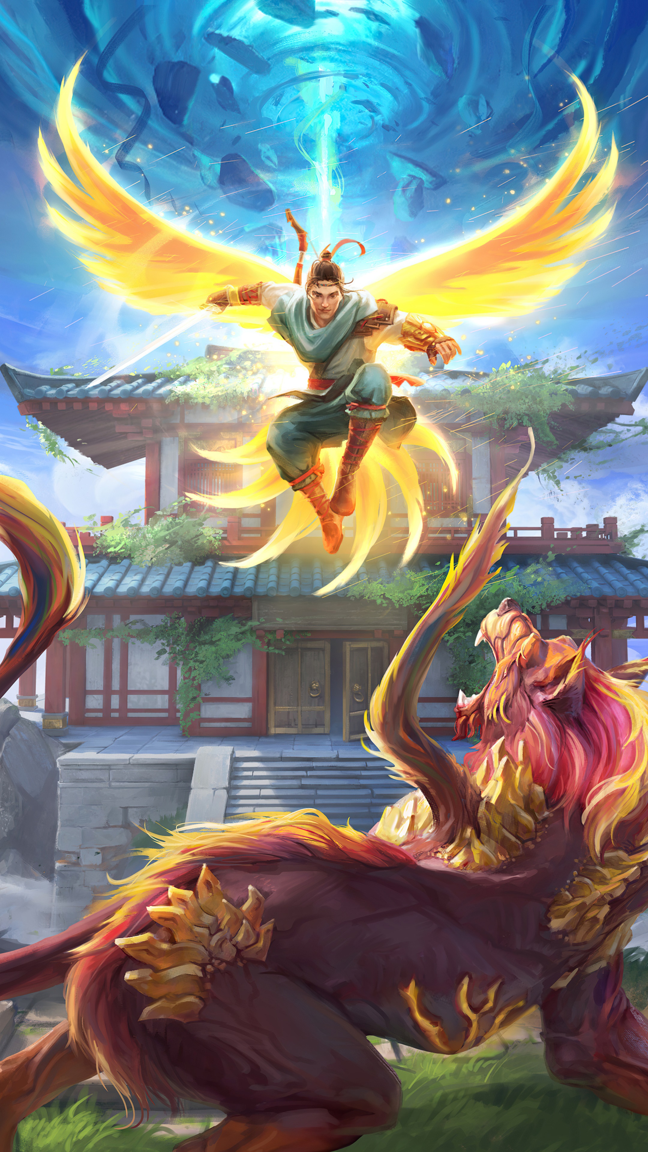 Man with wings fighting a beast in front of a temple HD Phone Wallpaper