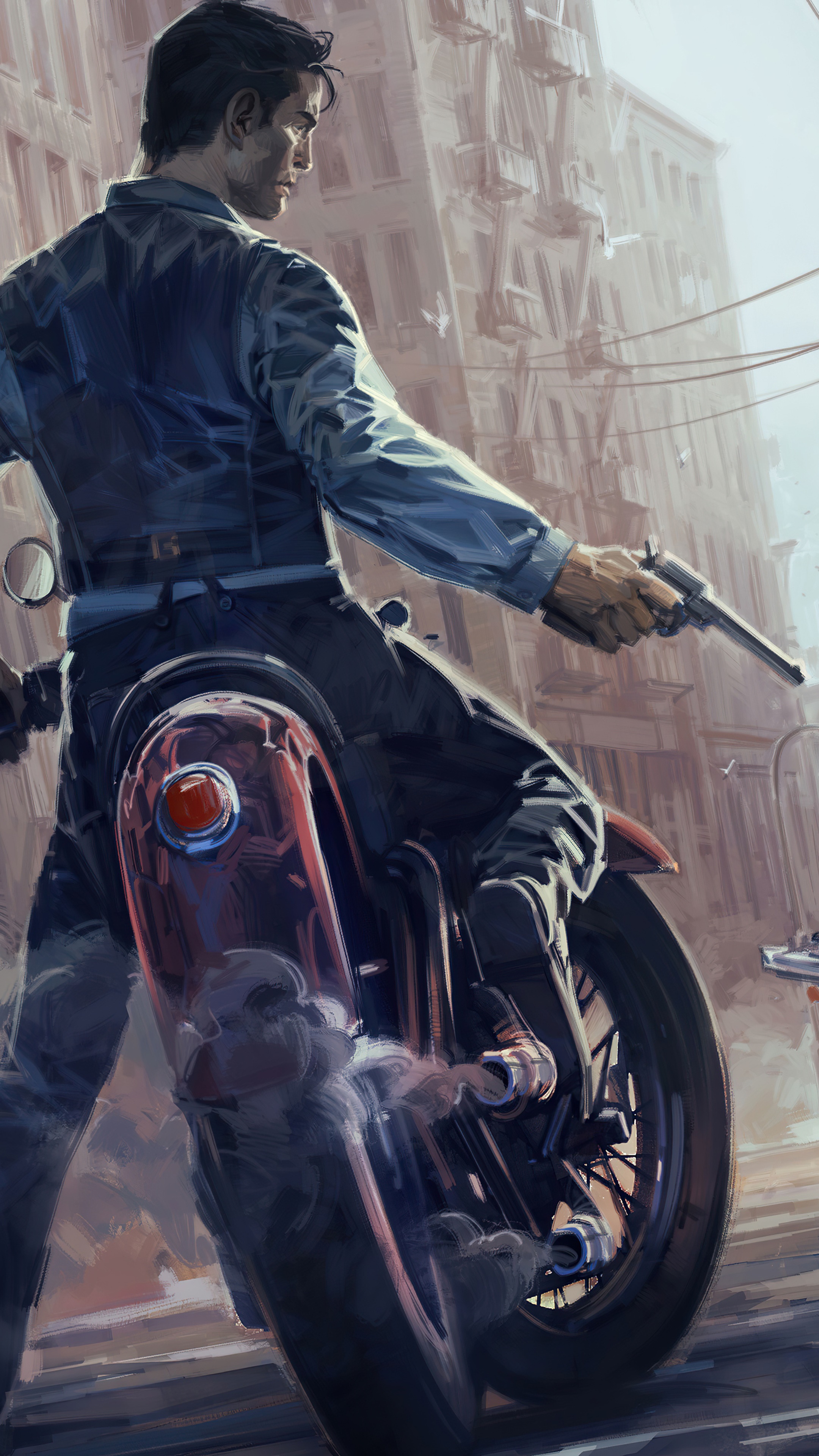 Man on a motorcycle holding a gun HD Phone Wallpaper