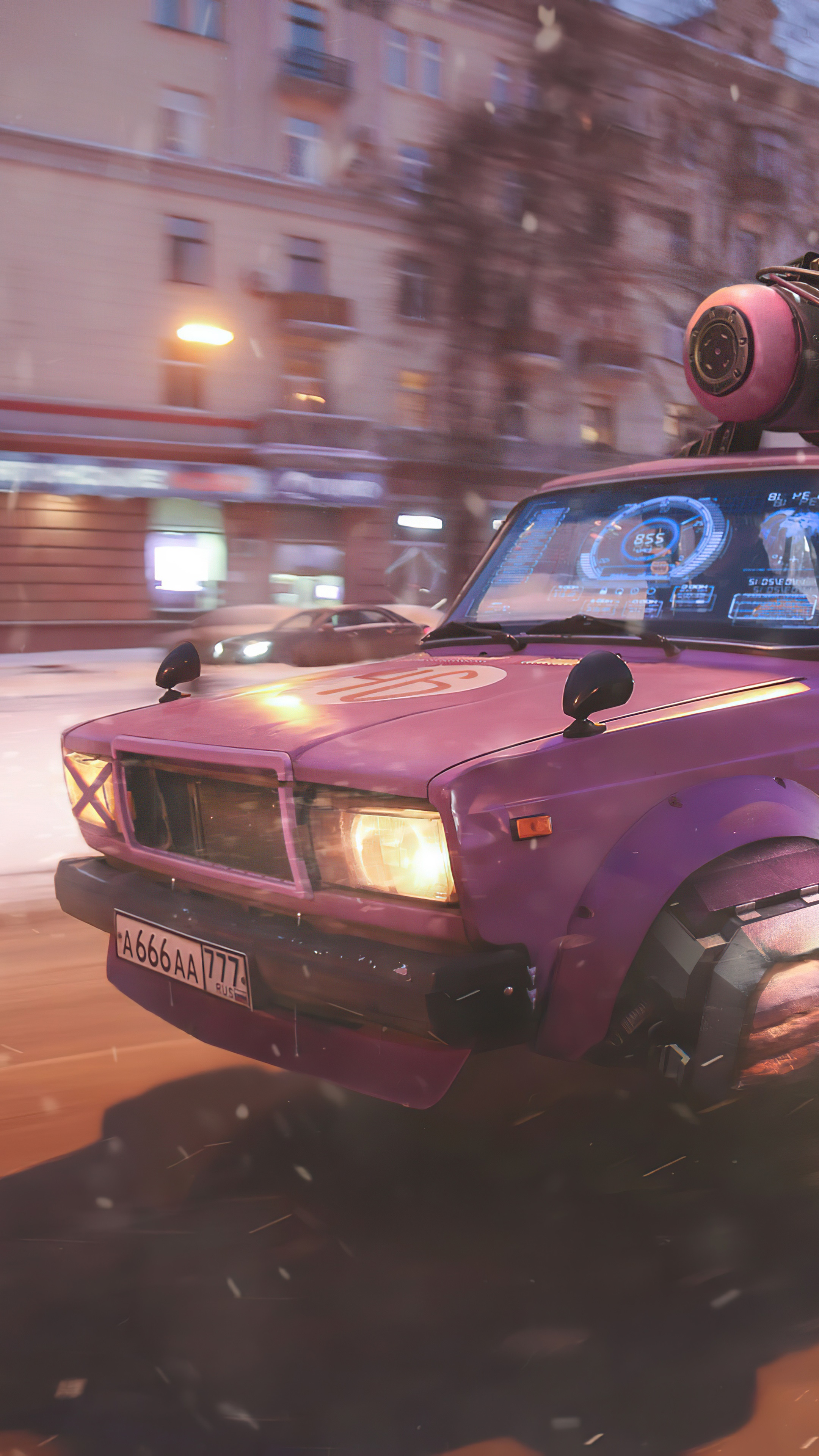 Cyberpunk car with futuristic modifications on a snowy street HD Phone Wallpaper
