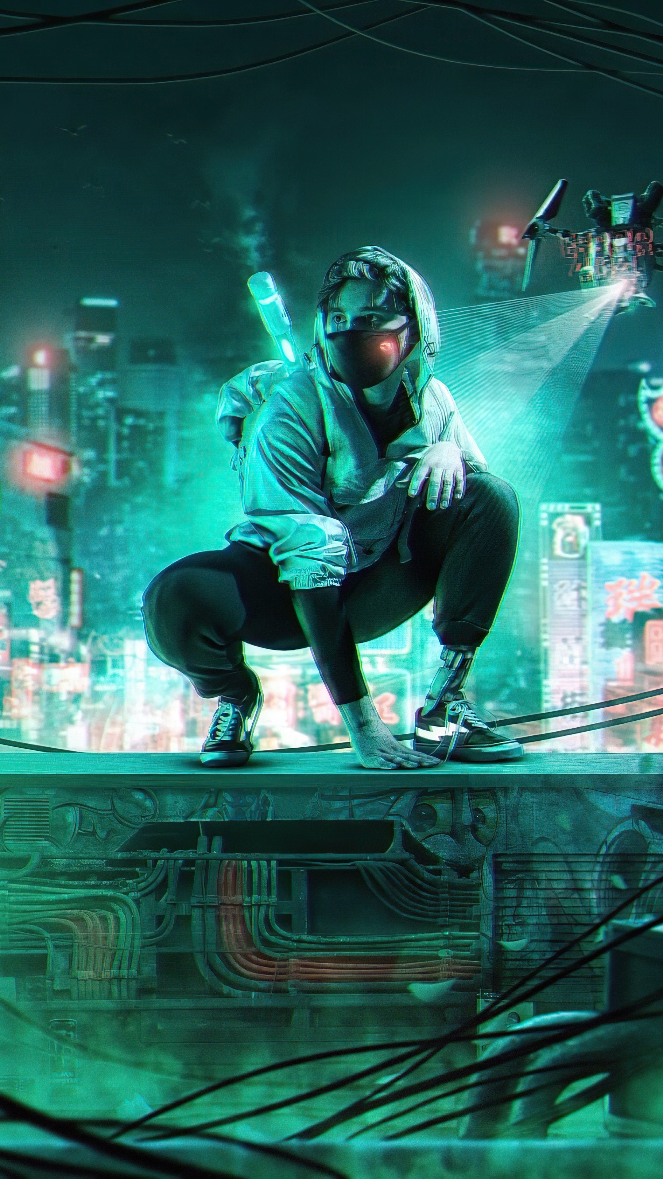 Person in hoodie with mask in neon city HD Phone Wallpaper