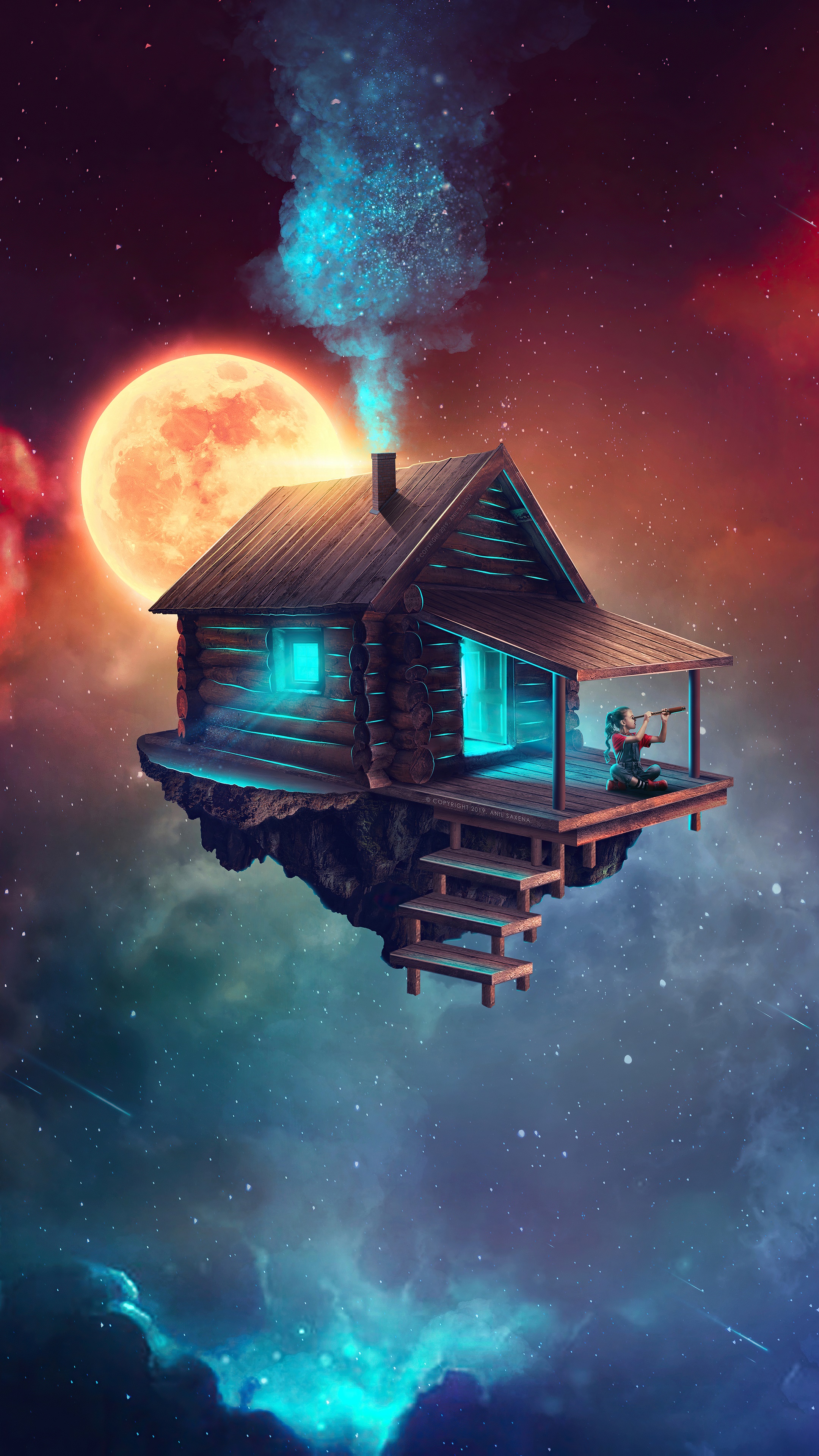 Floating cabin in space with a person looking through a telescope HD Phone Wallpaper