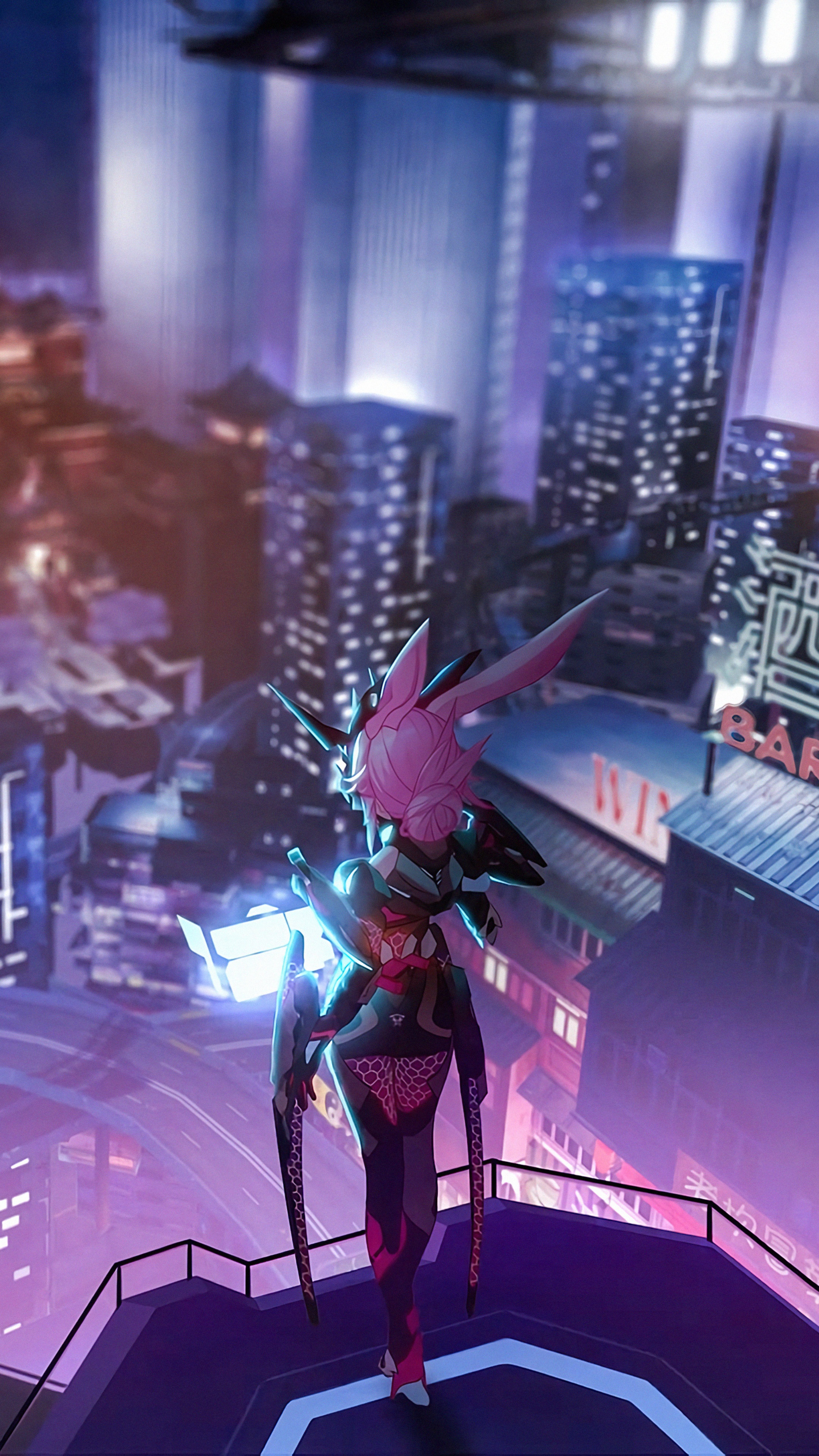 Anime girl with bunny ears in a futuristic city HD Phone Wallpaper