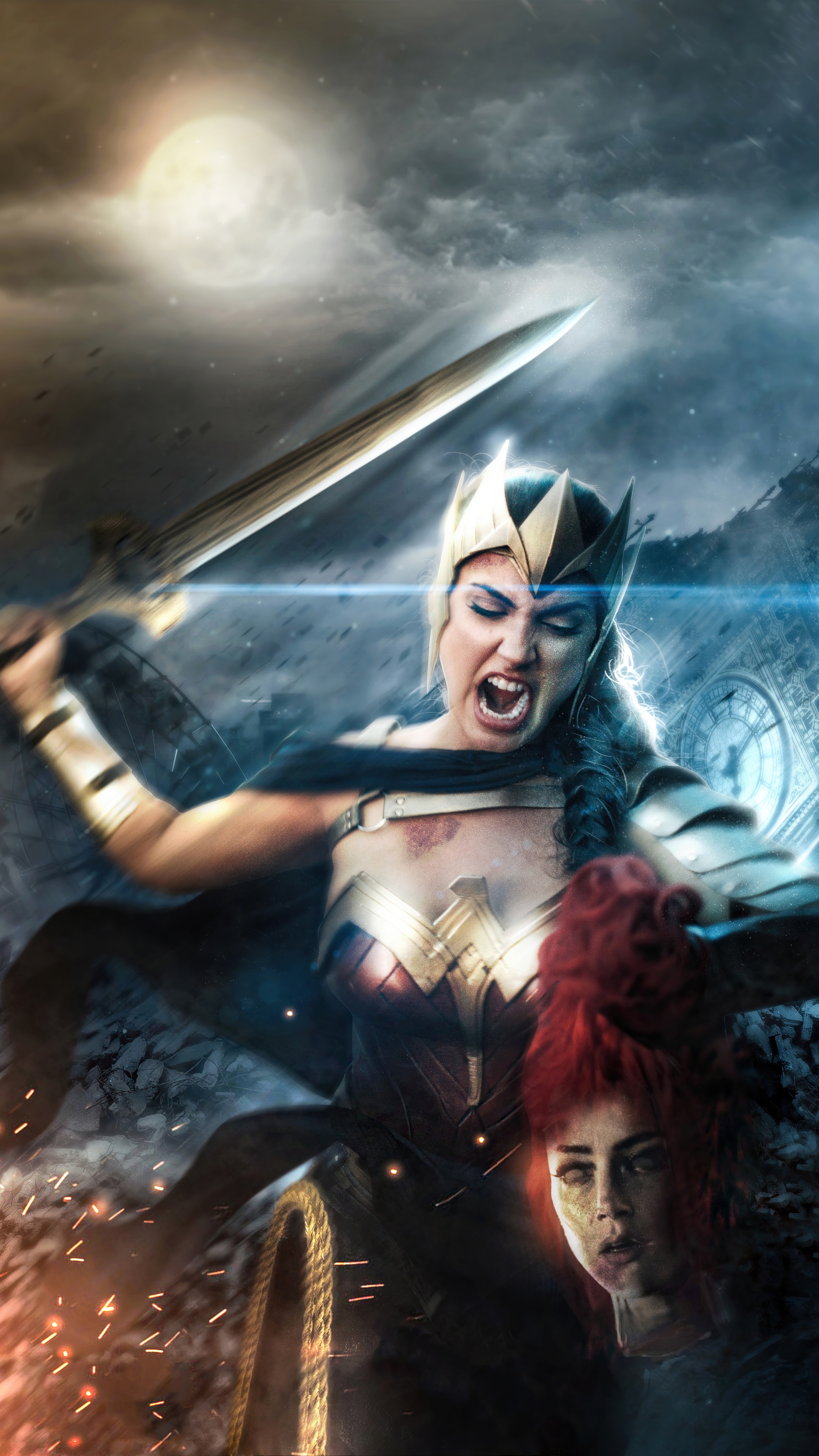 Wonder Woman fighting with a sword and lasso HD Phone Wallpaper