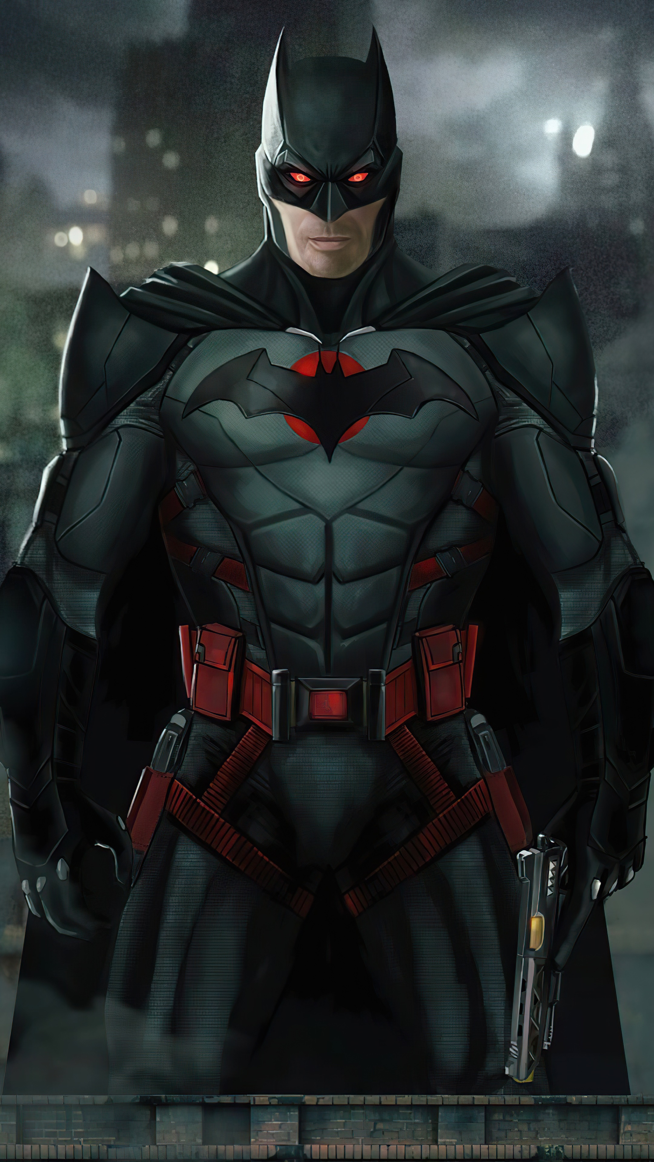 Batman artwork with red accents and a gun HD Phone Wallpaper