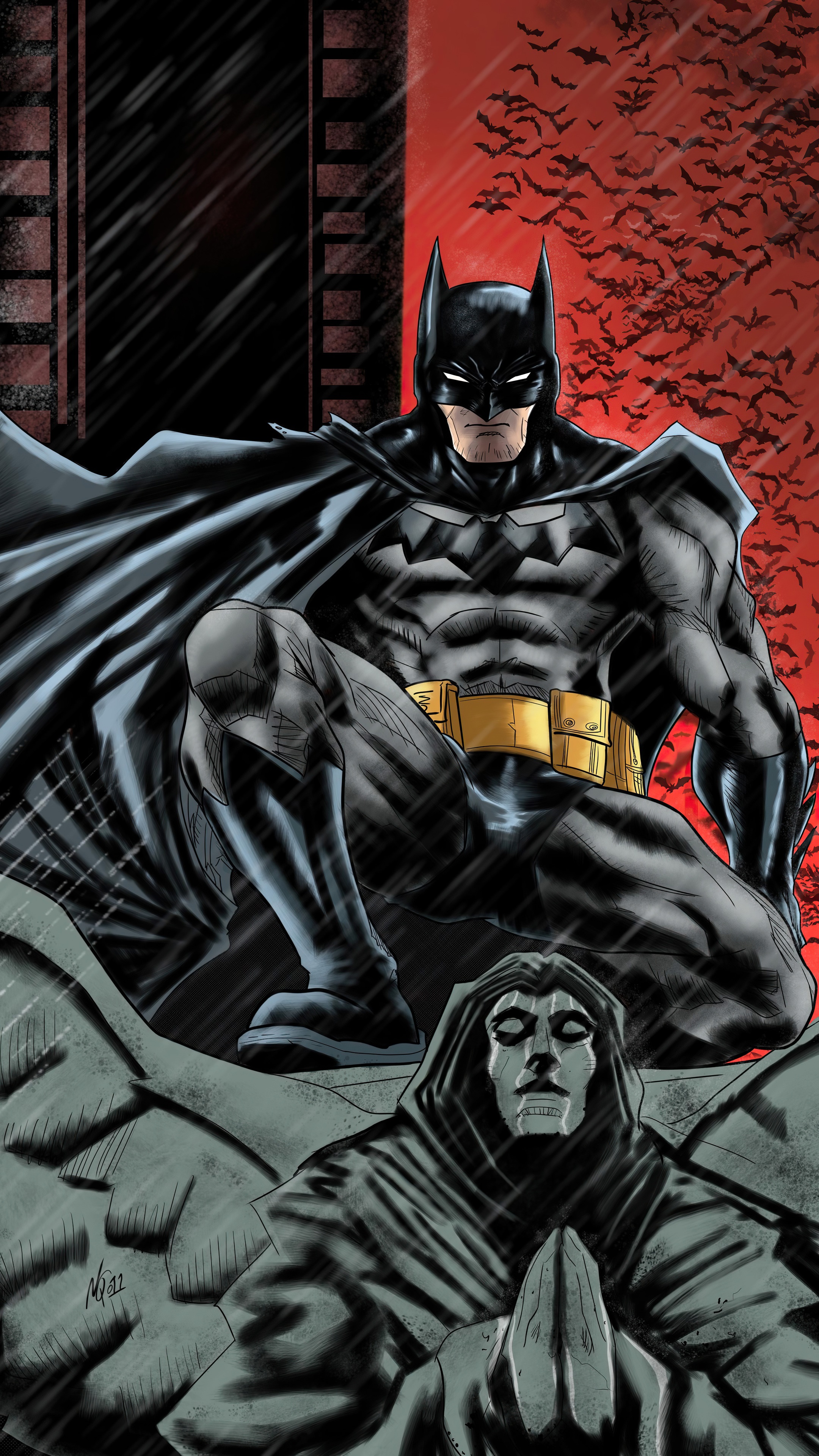 Batman crouching on a gargoyle with bats in the background HD Phone Wallpaper