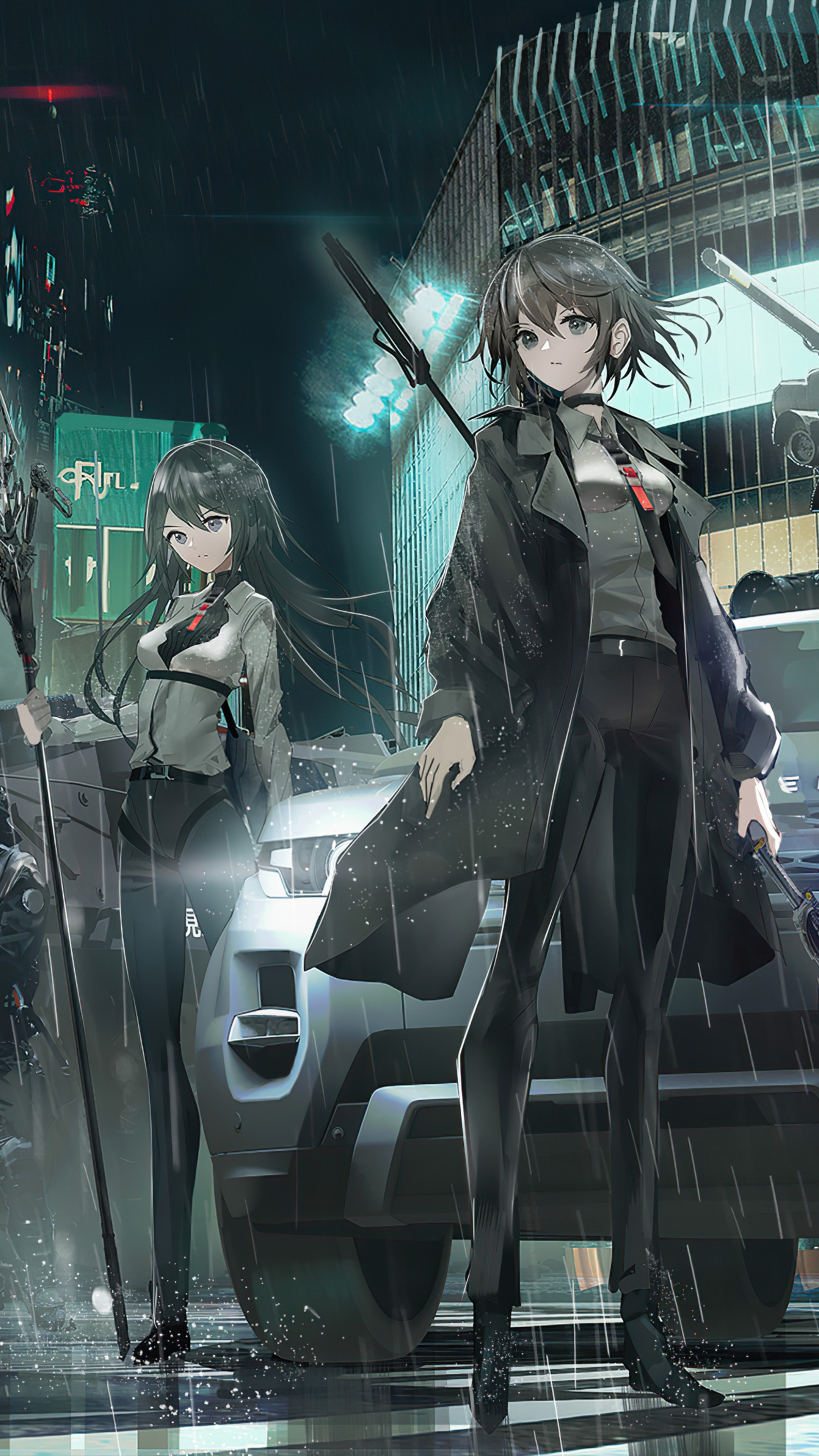 Two anime girls in suits standing in the rain with a car HD Phone Wallpaper