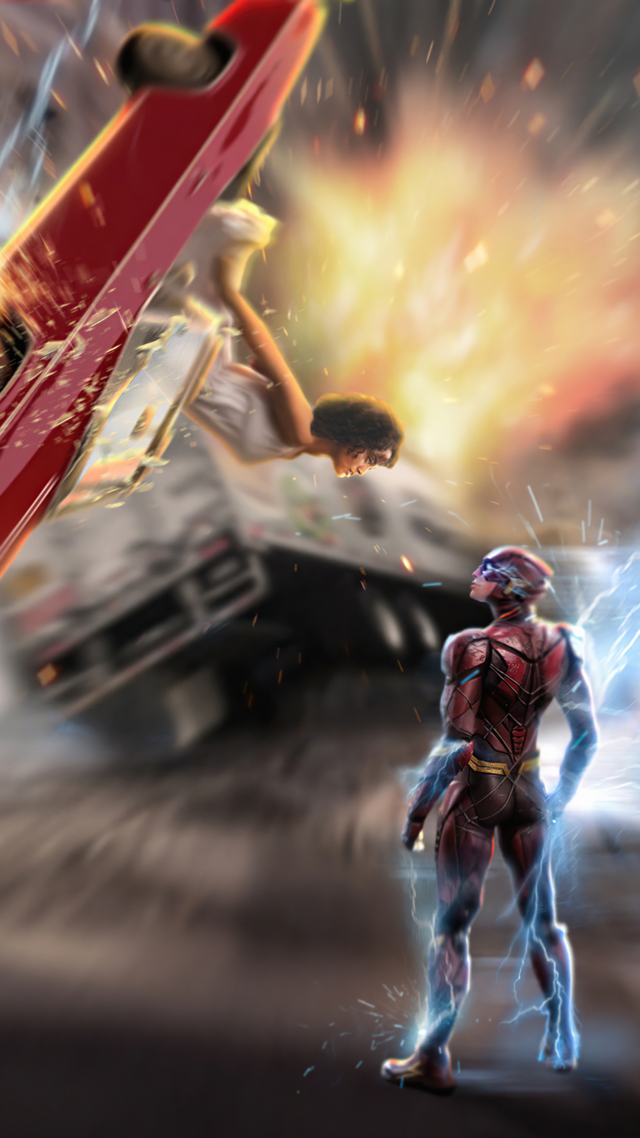 The Flash from Justice League in a car crash HD Phone Wallpaper