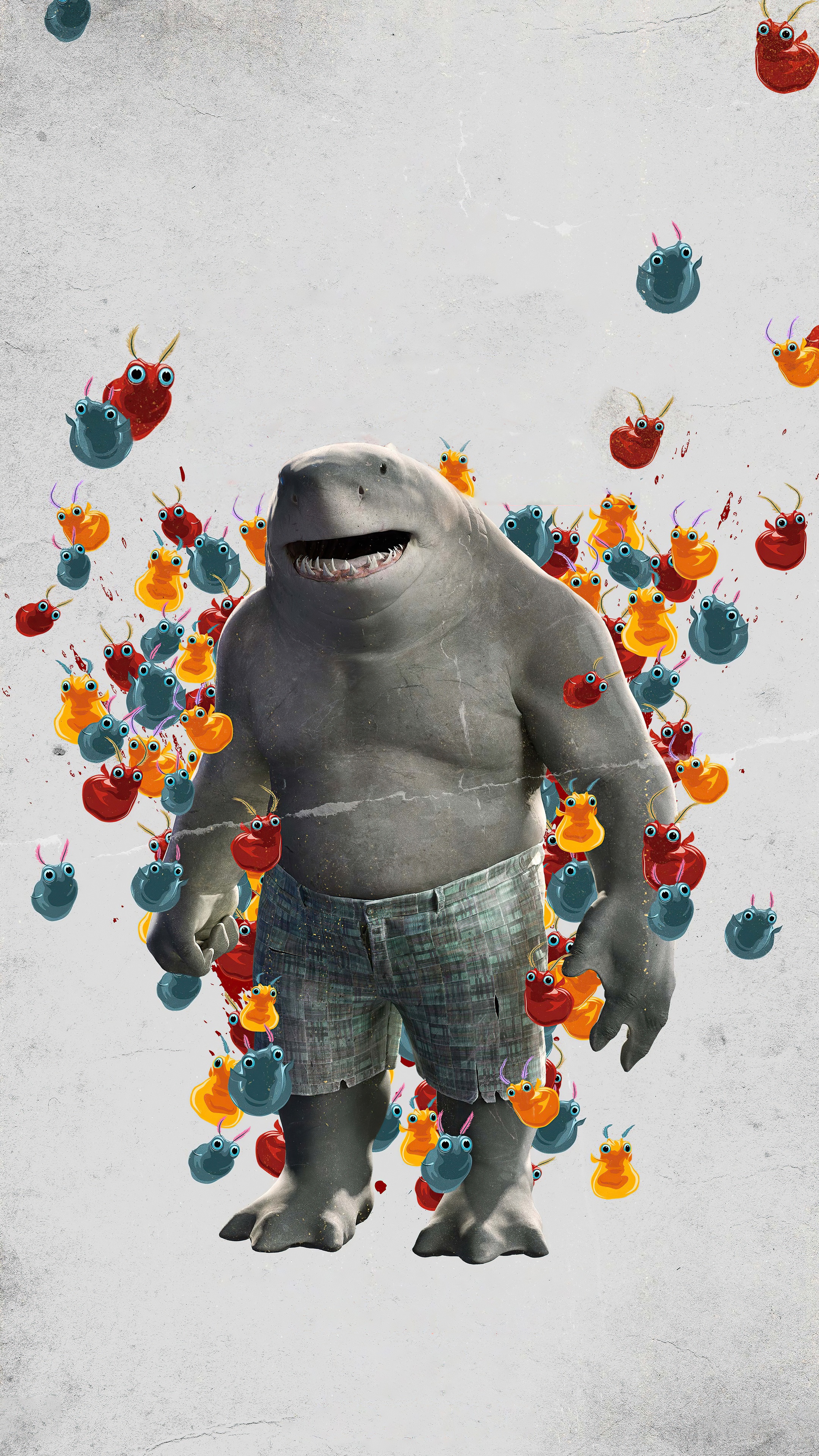 King Shark from The Suicide Squad surrounded by colorful creatures HD Phone Wallpaper