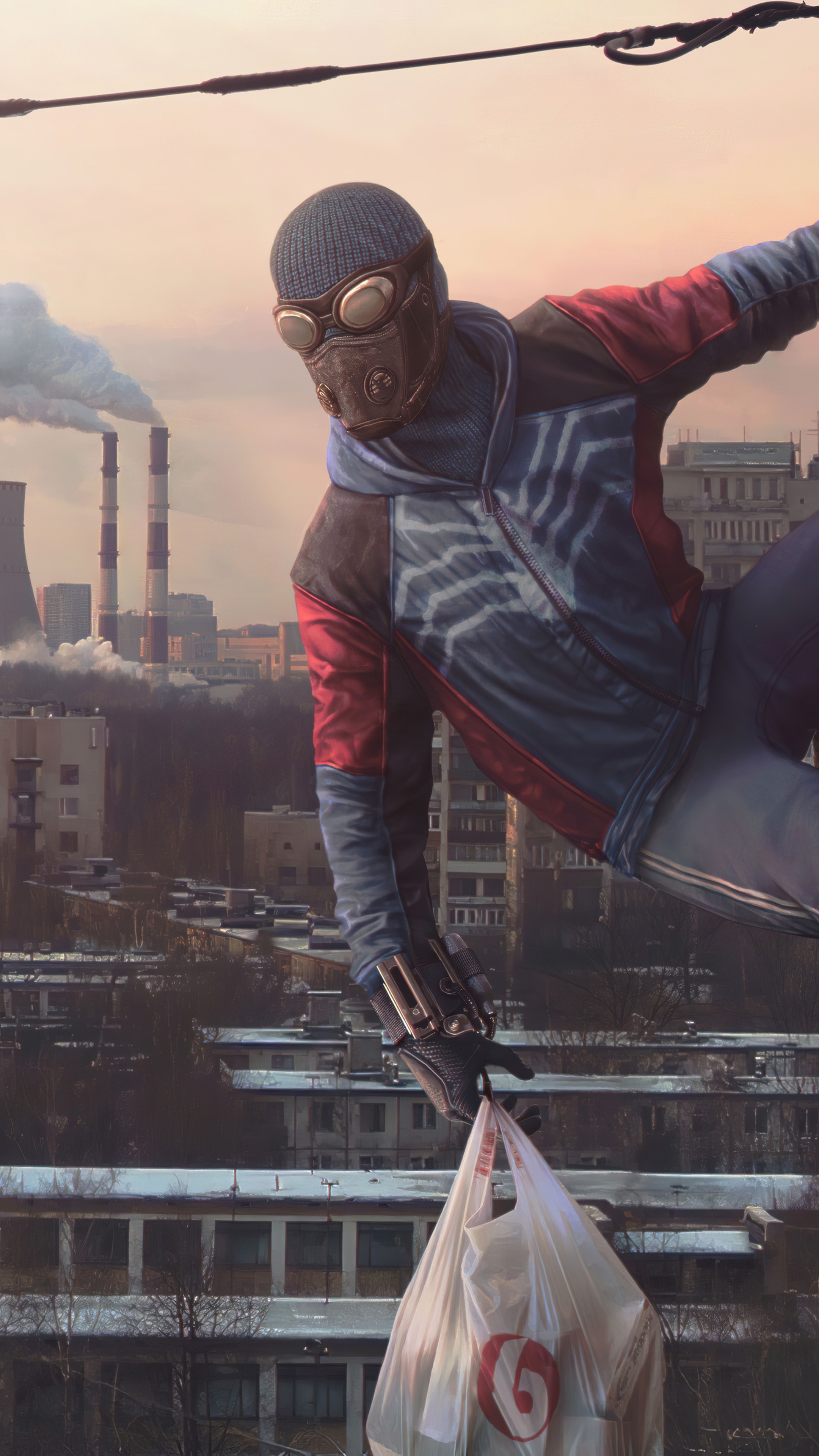 Spider-Man with groceries on a wire HD Phone Wallpaper