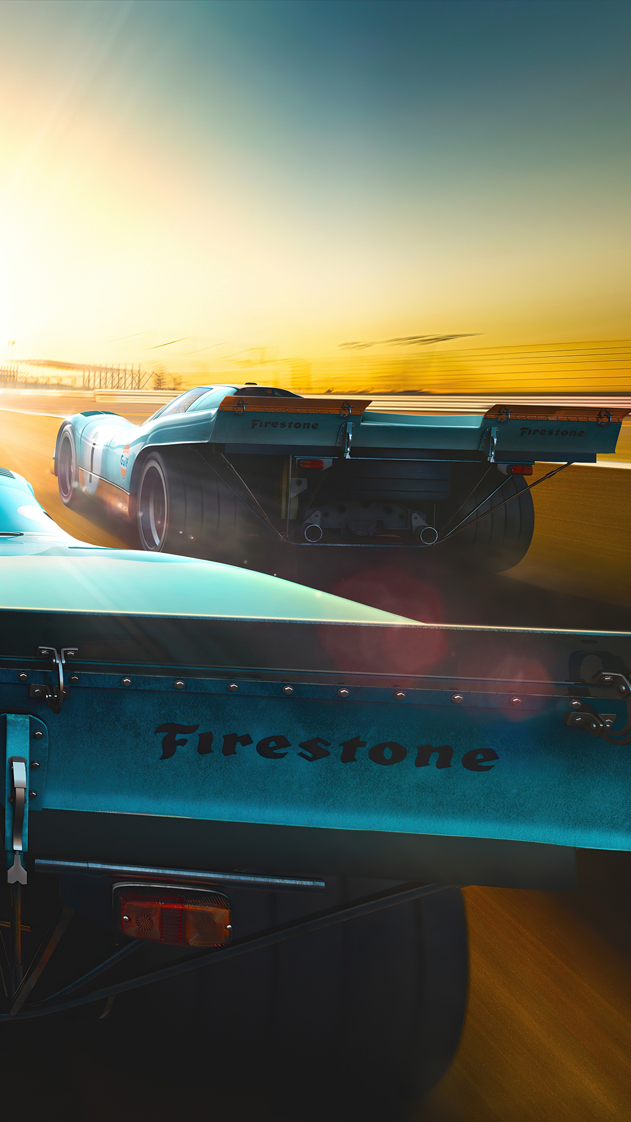 Two vintage racing cars on a track at sunset HD Phone Wallpaper