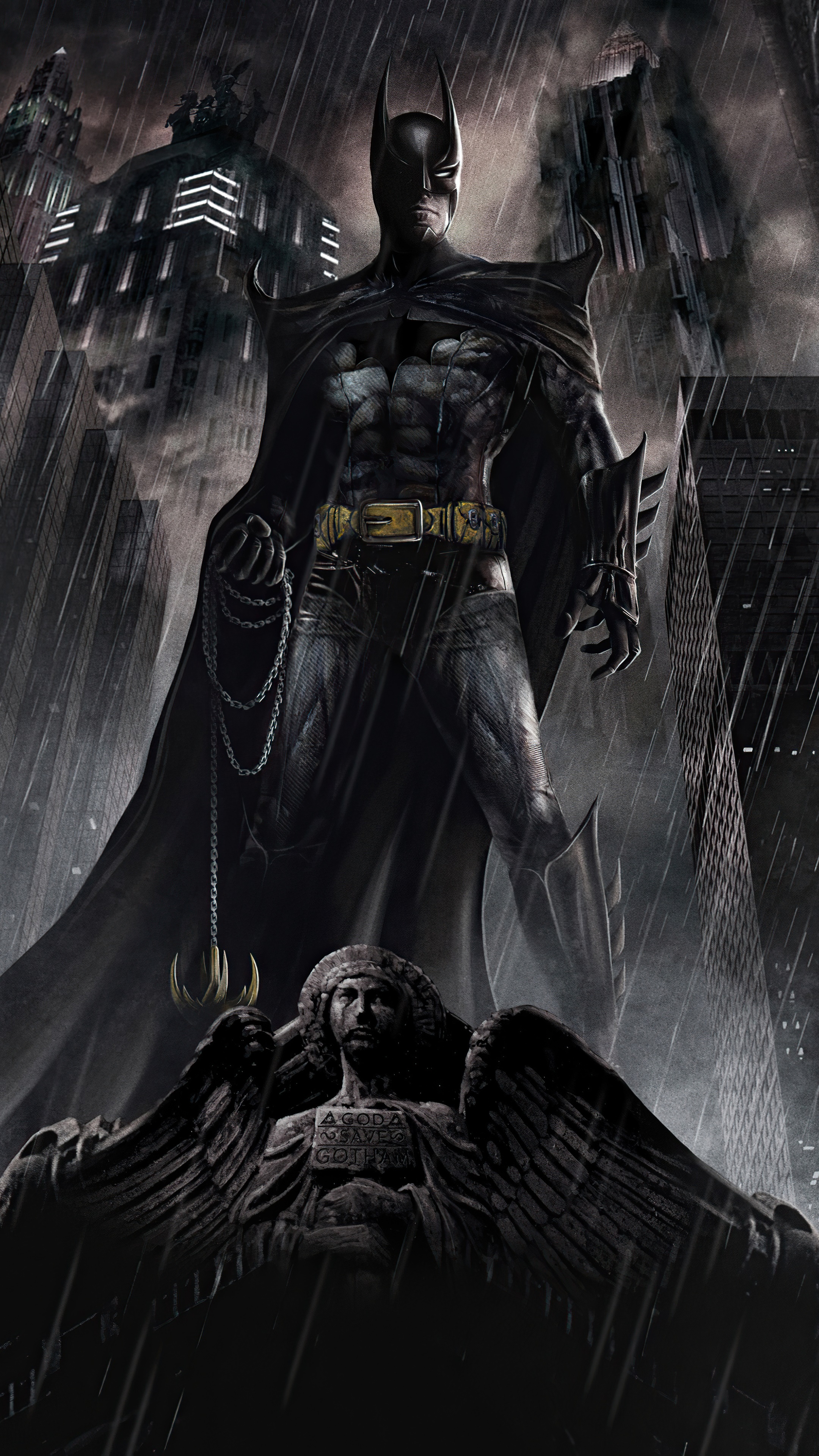 Batman standing in a rainy city with a statue HD Phone Wallpaper