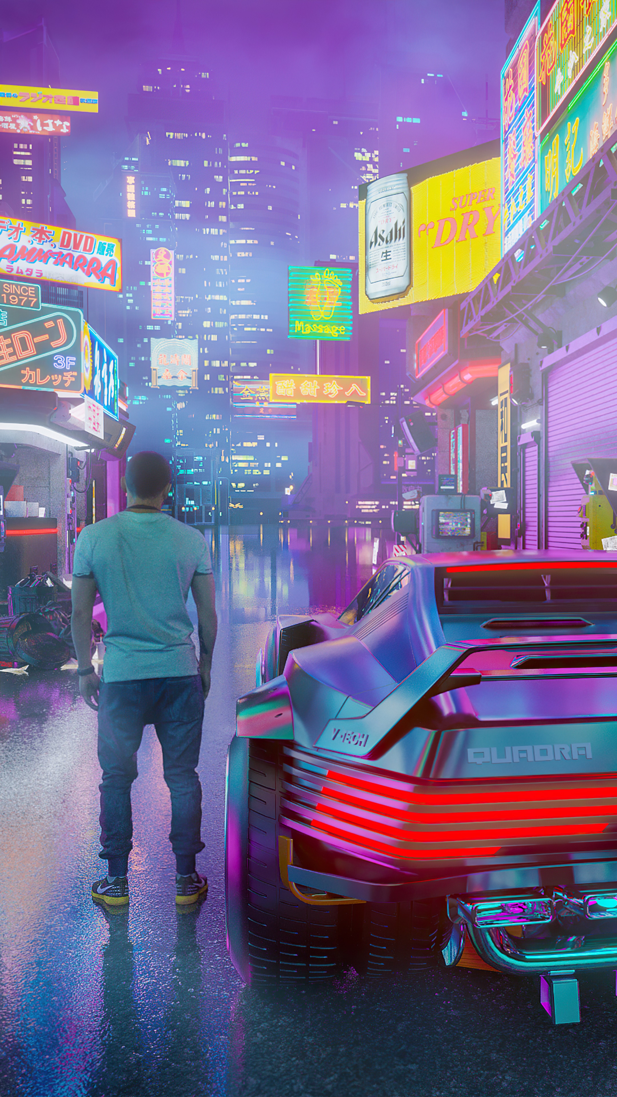 Man and Quadra car in Cyberpunk 2077 city HD Phone Wallpaper