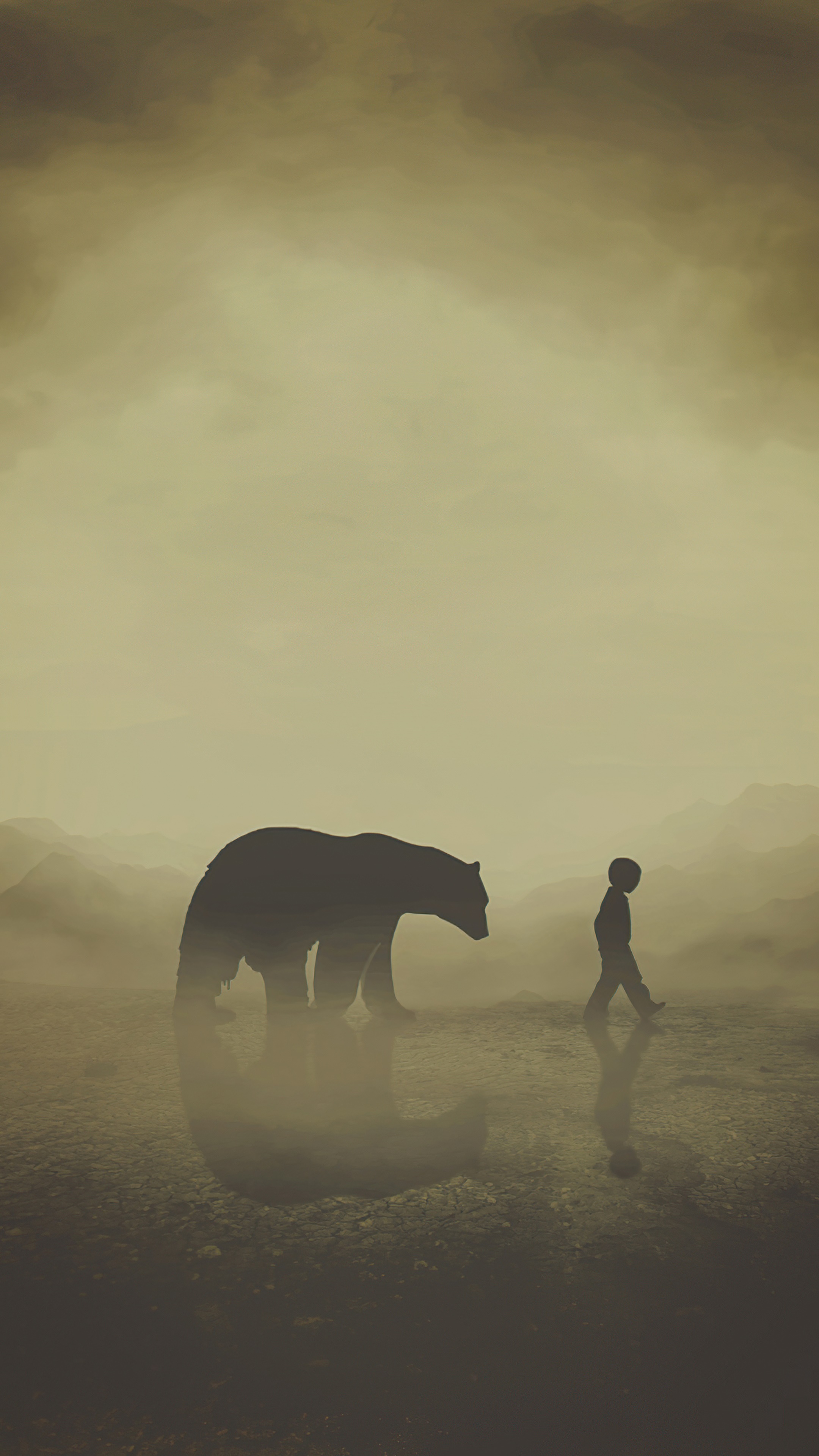 Bear and child walking in a misty landscape HD Phone Wallpaper