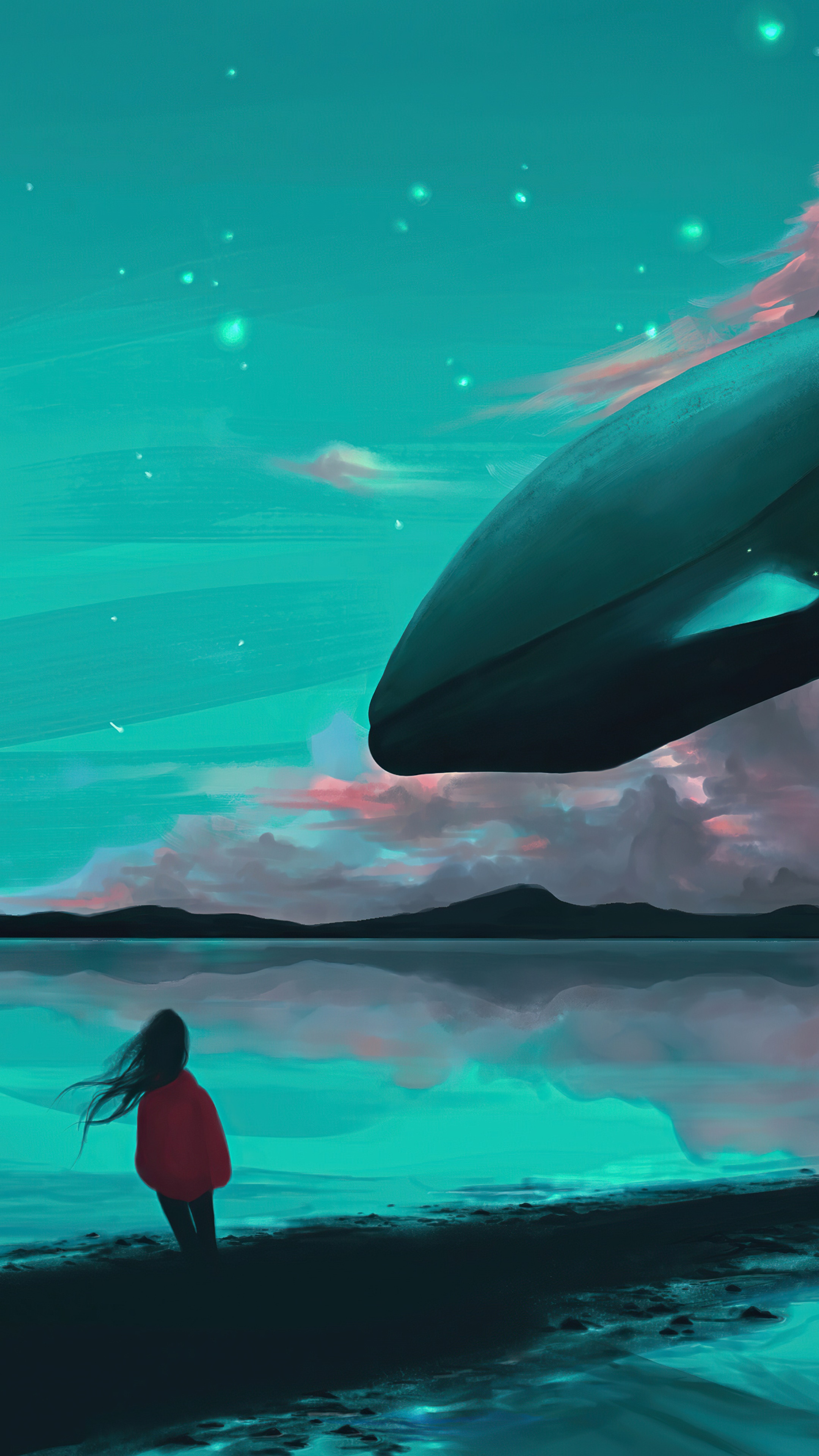 Girl watching a whale in the sky HD Phone Wallpaper