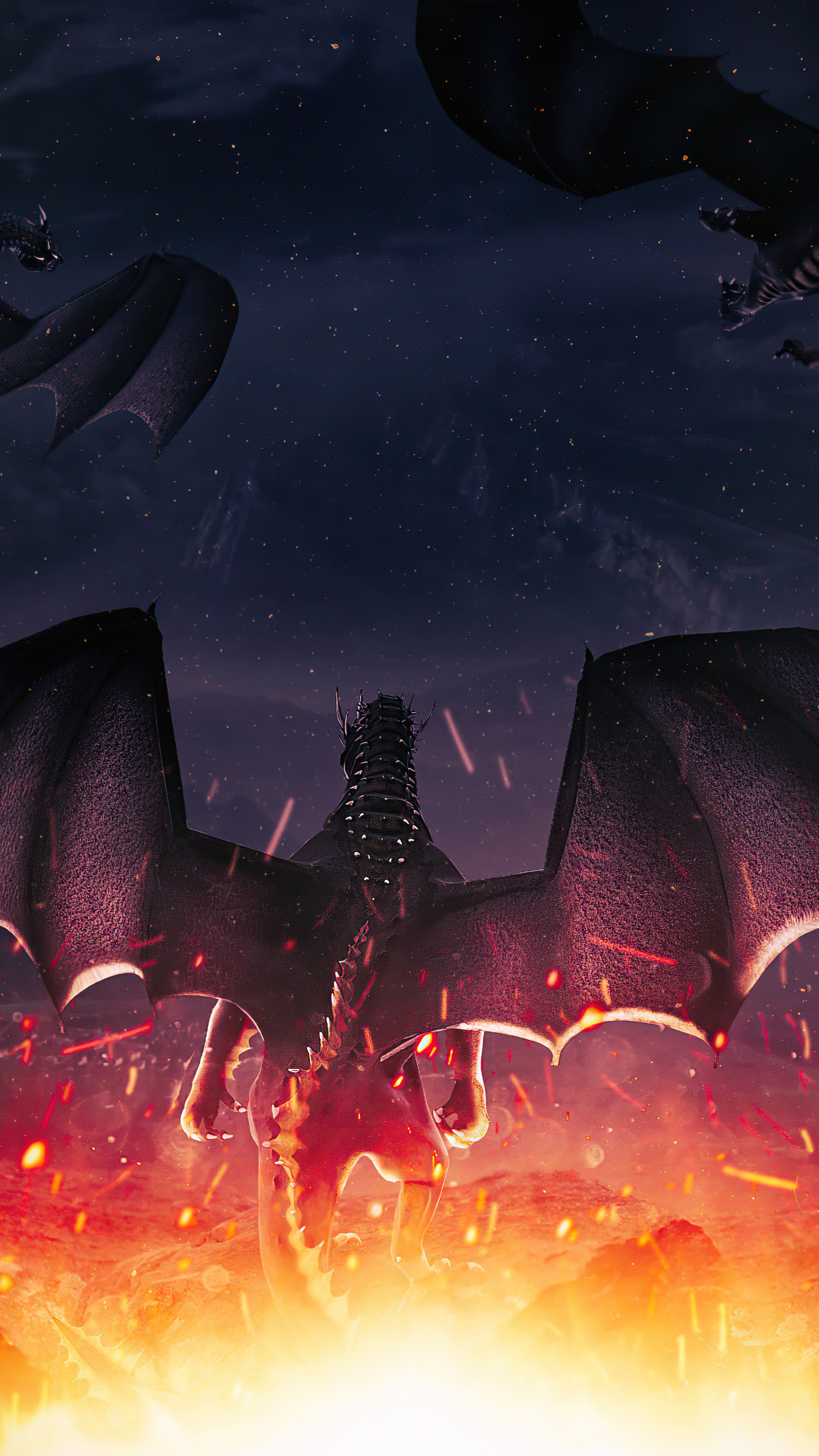 Dragons flying over a fiery landscape at night HD Phone Wallpaper