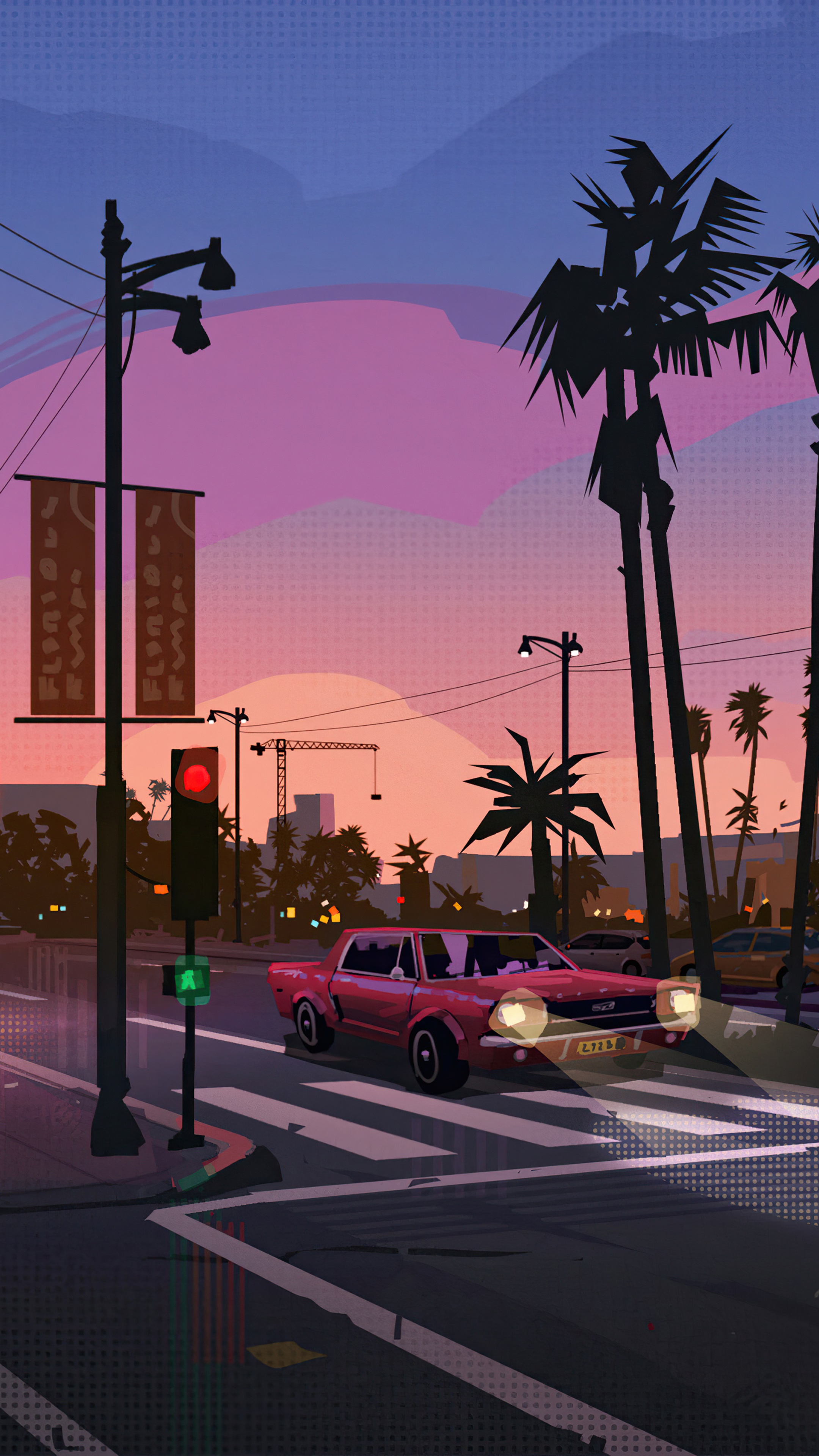 Digital art of a street scene at dusk HD Phone Wallpaper