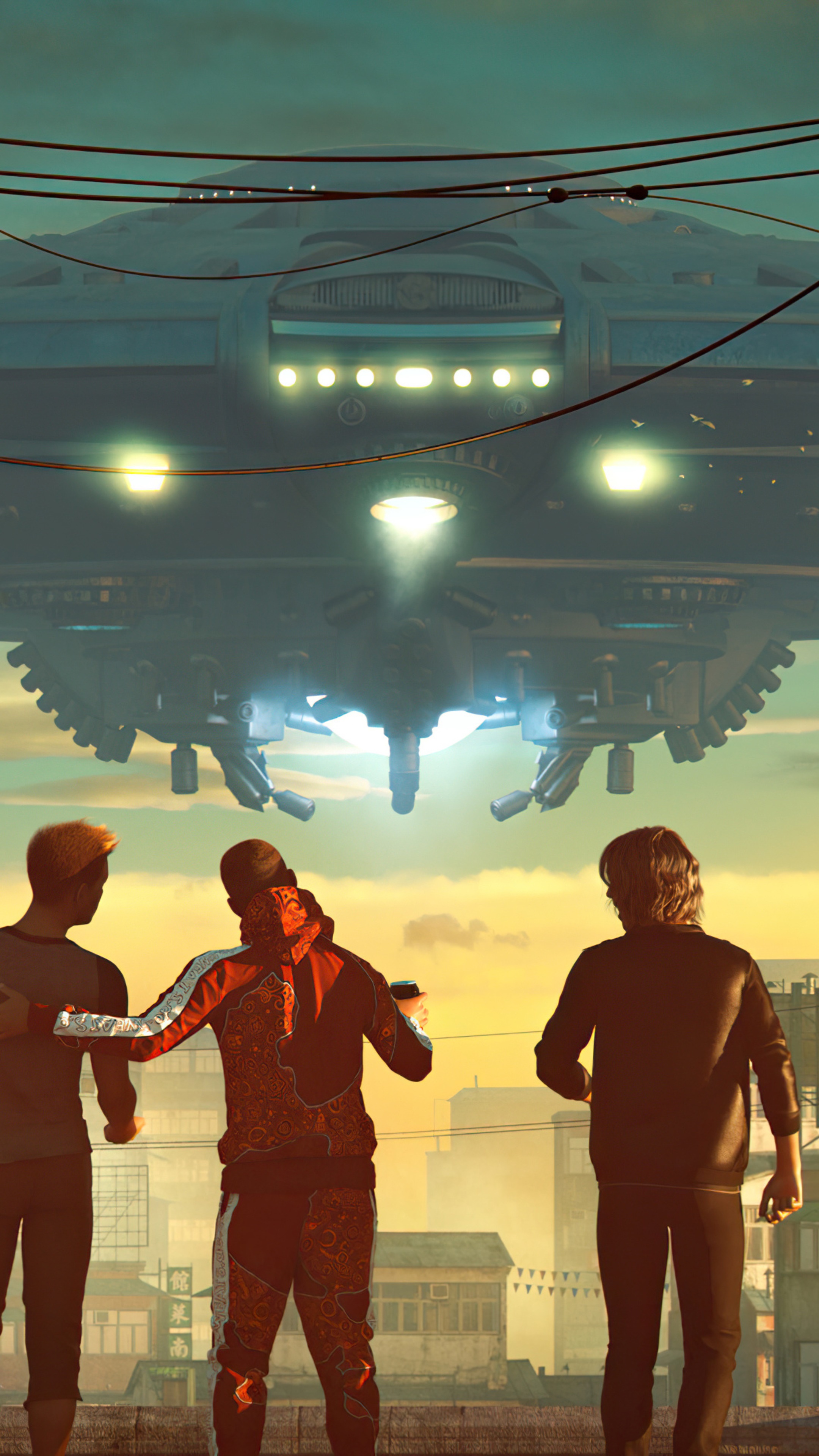 Three people watch a UFO descend over a city HD Phone Wallpaper