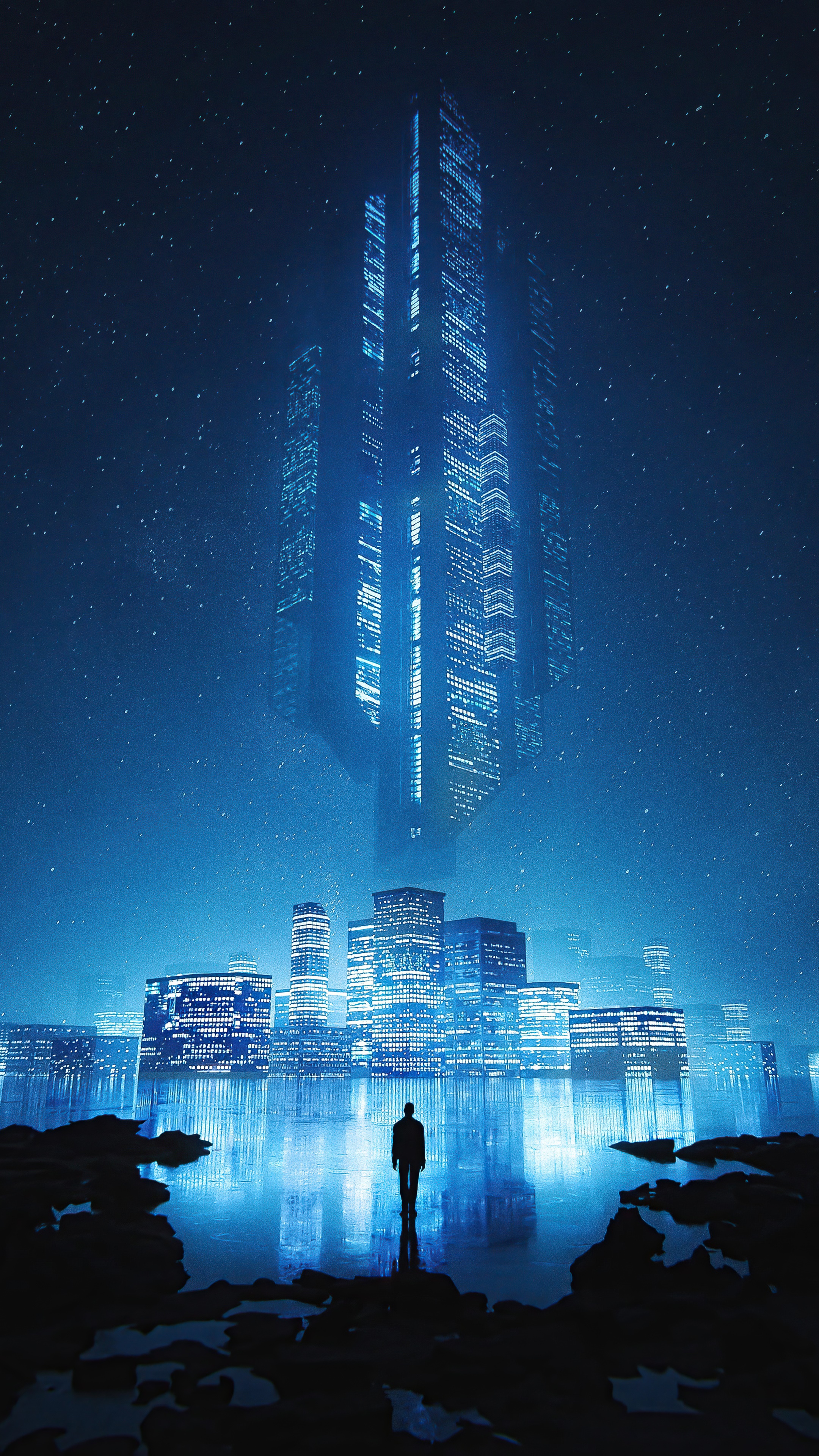 Sci-fi city with a lone figure by the water HD Phone Wallpaper