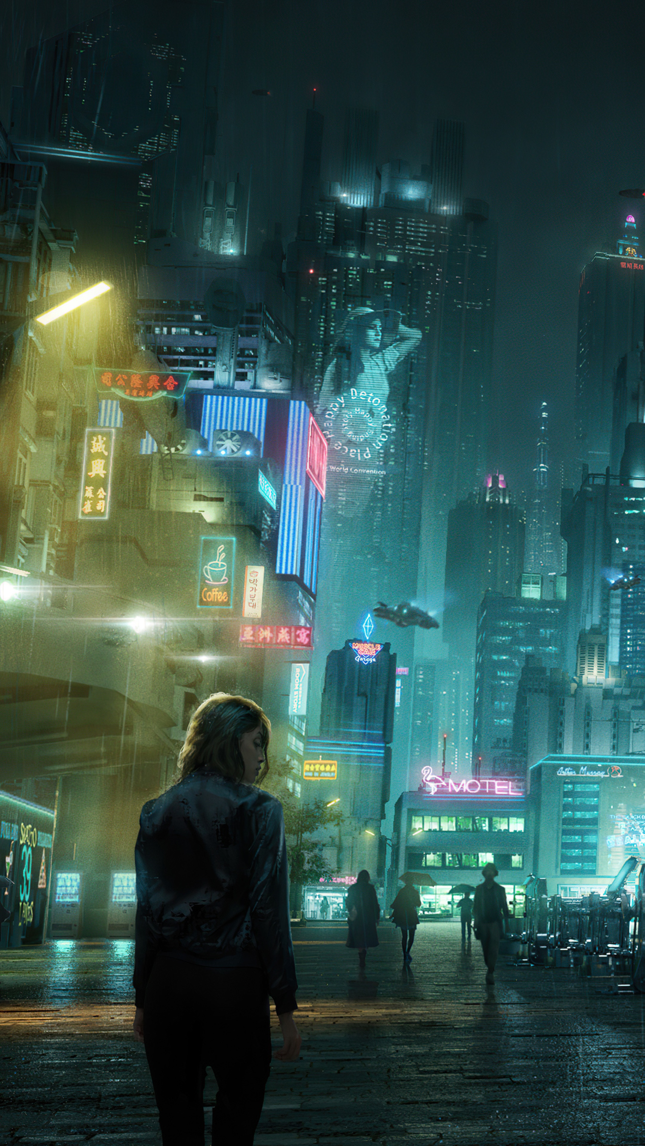 Sci-fi city street with a woman walking HD Phone Wallpaper