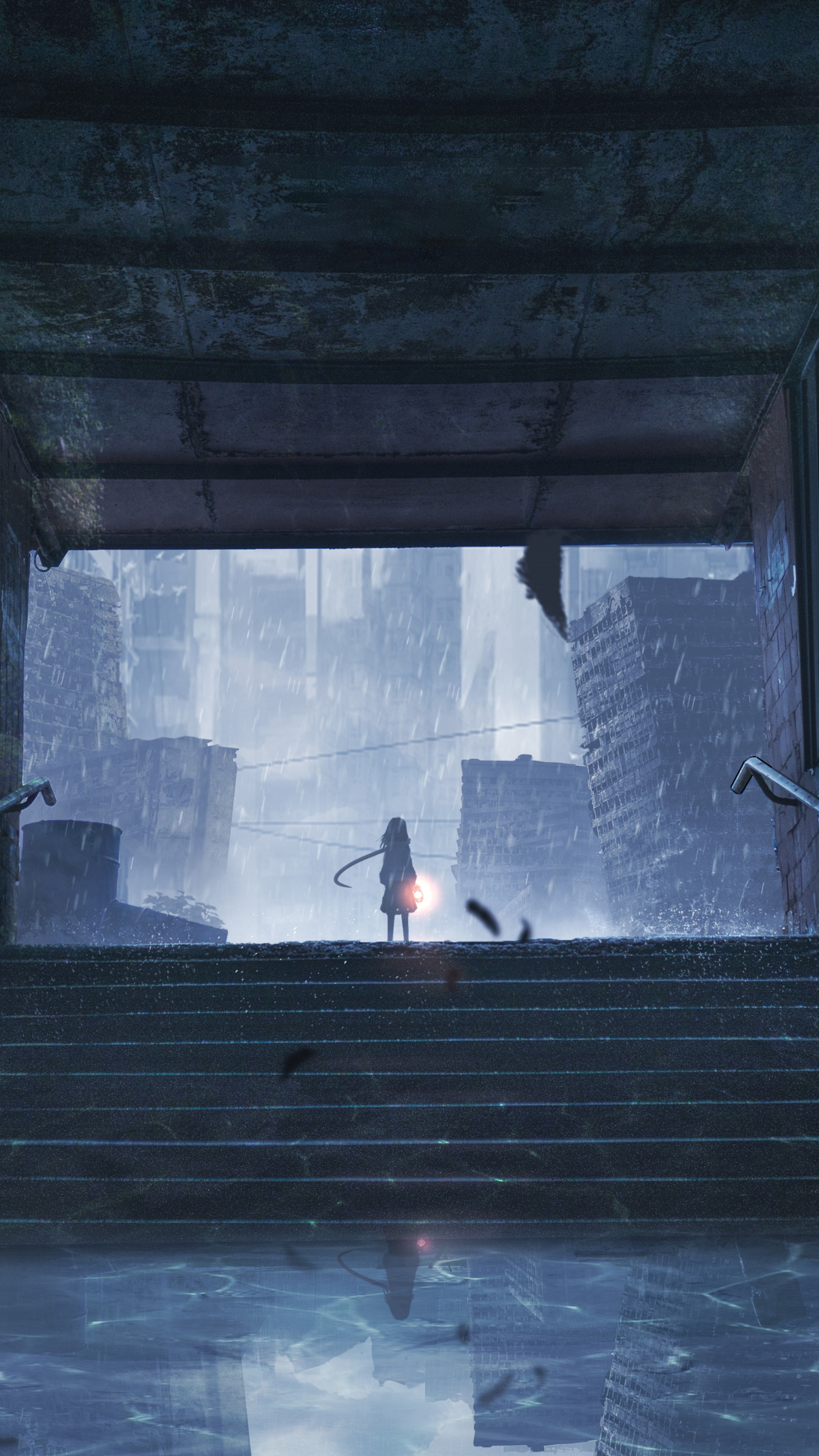 Anime girl with lantern in ruined city HD Phone Wallpaper