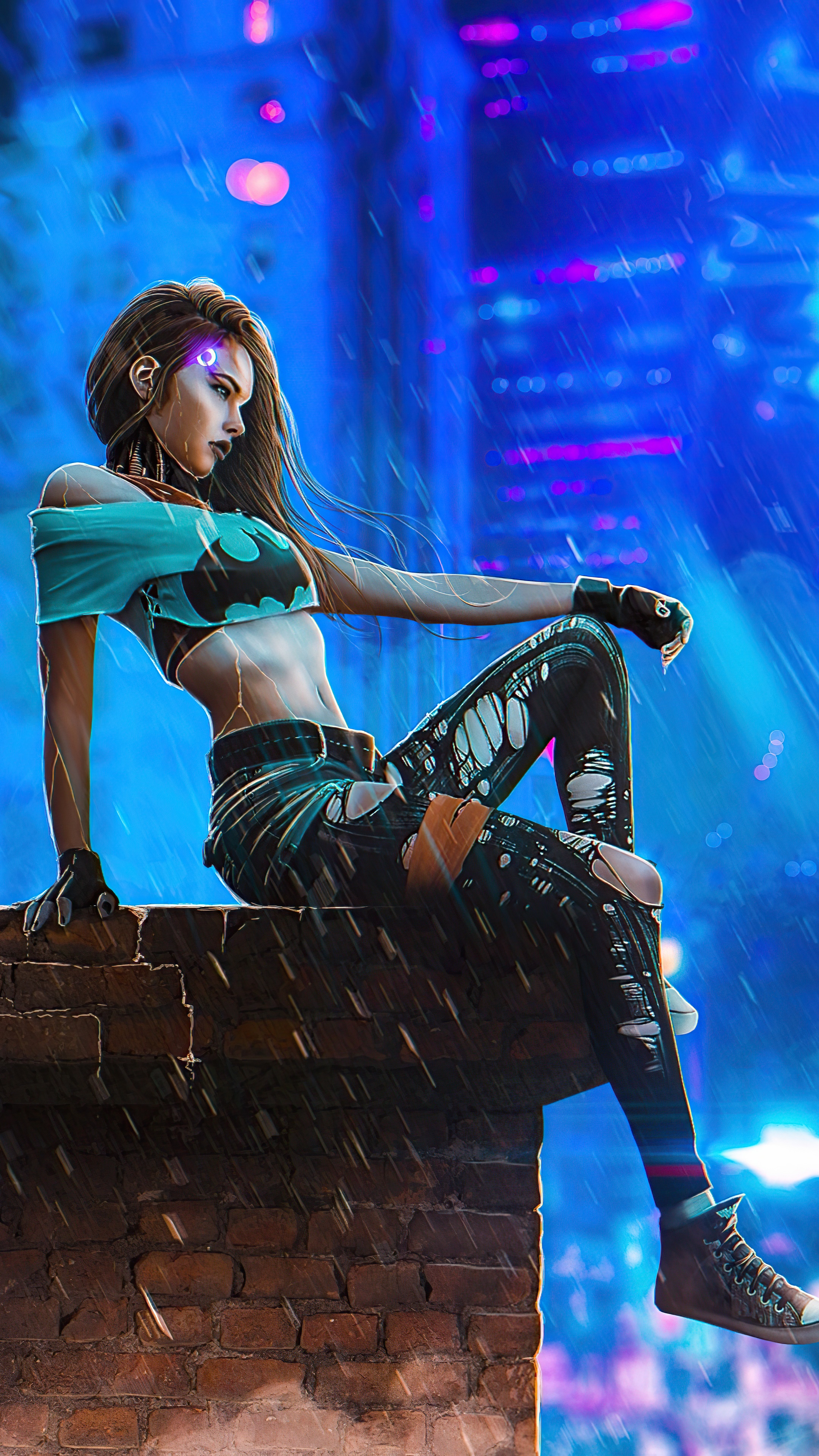 Cyberpunk woman with Batman symbol HD Phone Wallpaper